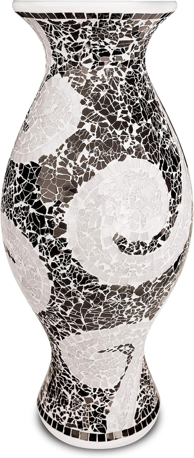 Floor Vase – Tall Cylinder Made of Terracotta with Black & White Glass Mosaic Pieces – Exquisite Home Decor Accent Piece (24 x 10 Inches)