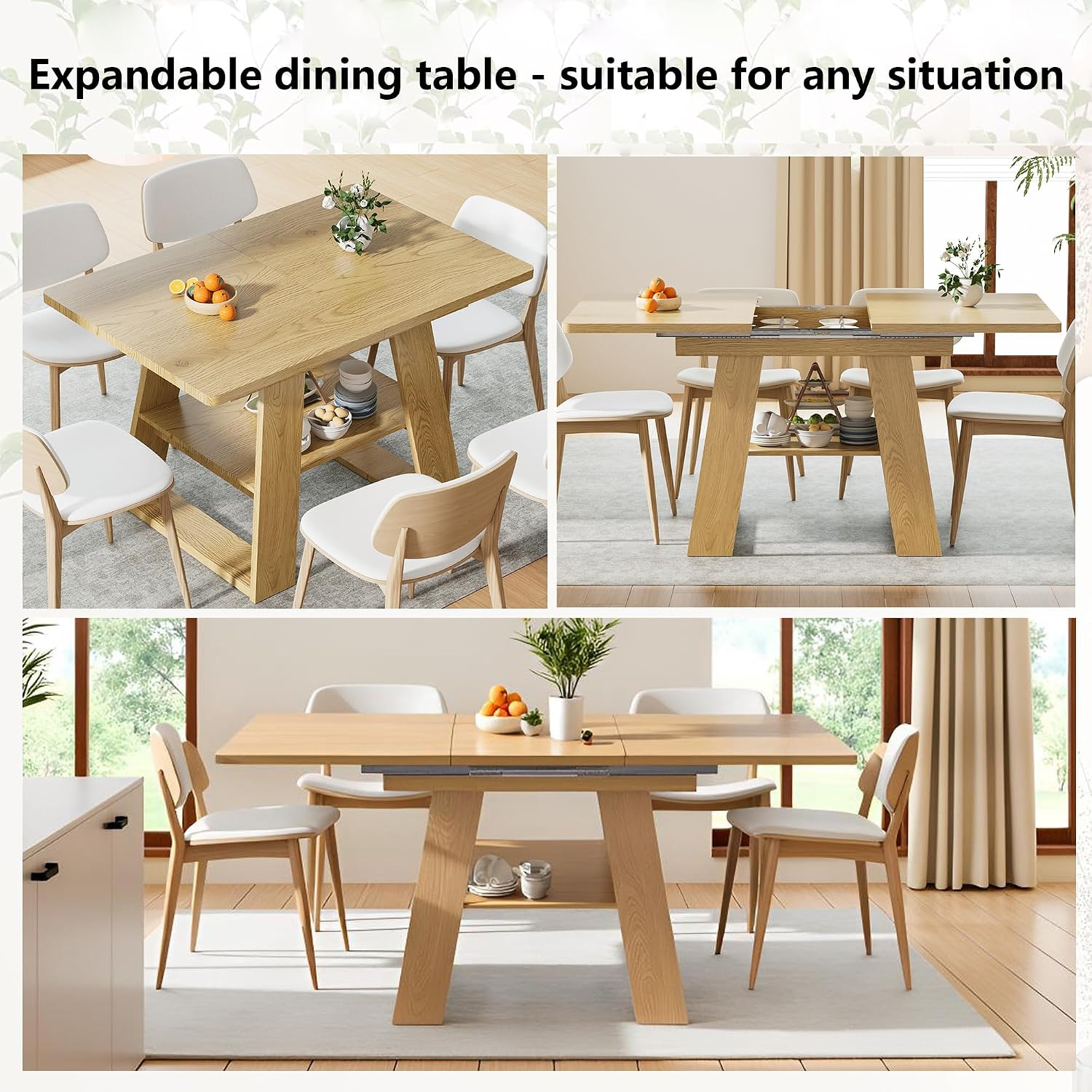 Lxsxlome 47.24''-66.92'' Extendable Dining Room Table for 4-6, Rectangle Extendable Kitchen Table with Removable Leaves, Space Saving, Wooden Dining Table with Storage Shelf (Style 2, Wood Color)