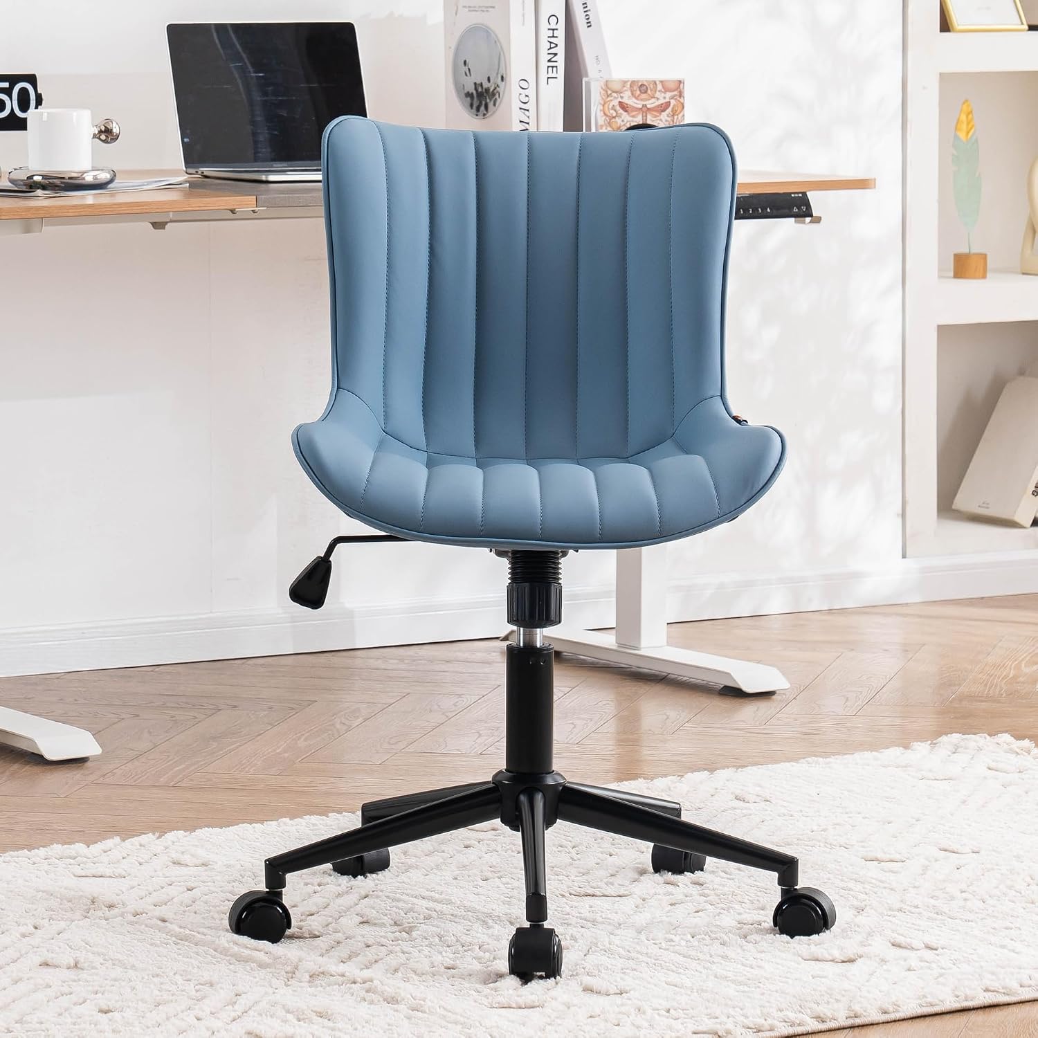 YOUNIKE Blue Office Desk Chair with Wheels Comfy Armless Vanity Chair with Back Modern Small Faux Leather Upholstered Rolling Task Chair Cute Computer Drafting Sewing Chair Swivel Adjustable Compact
