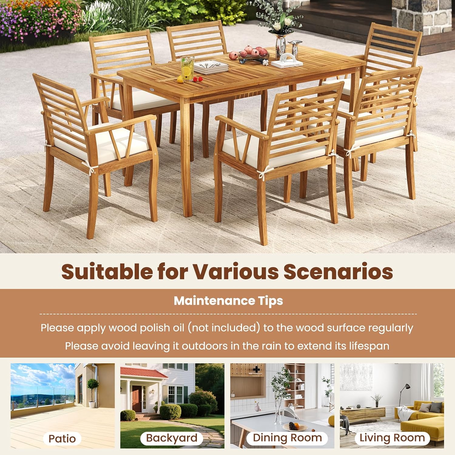 HAPPYGRILL Outdoor Acacia Wood Dining Table for 4-6 People, Patio Furniture Table with Umbrella Hole & Cover, 63' Slatted Tabletop, for Backyard, Patio, Deck, Porch