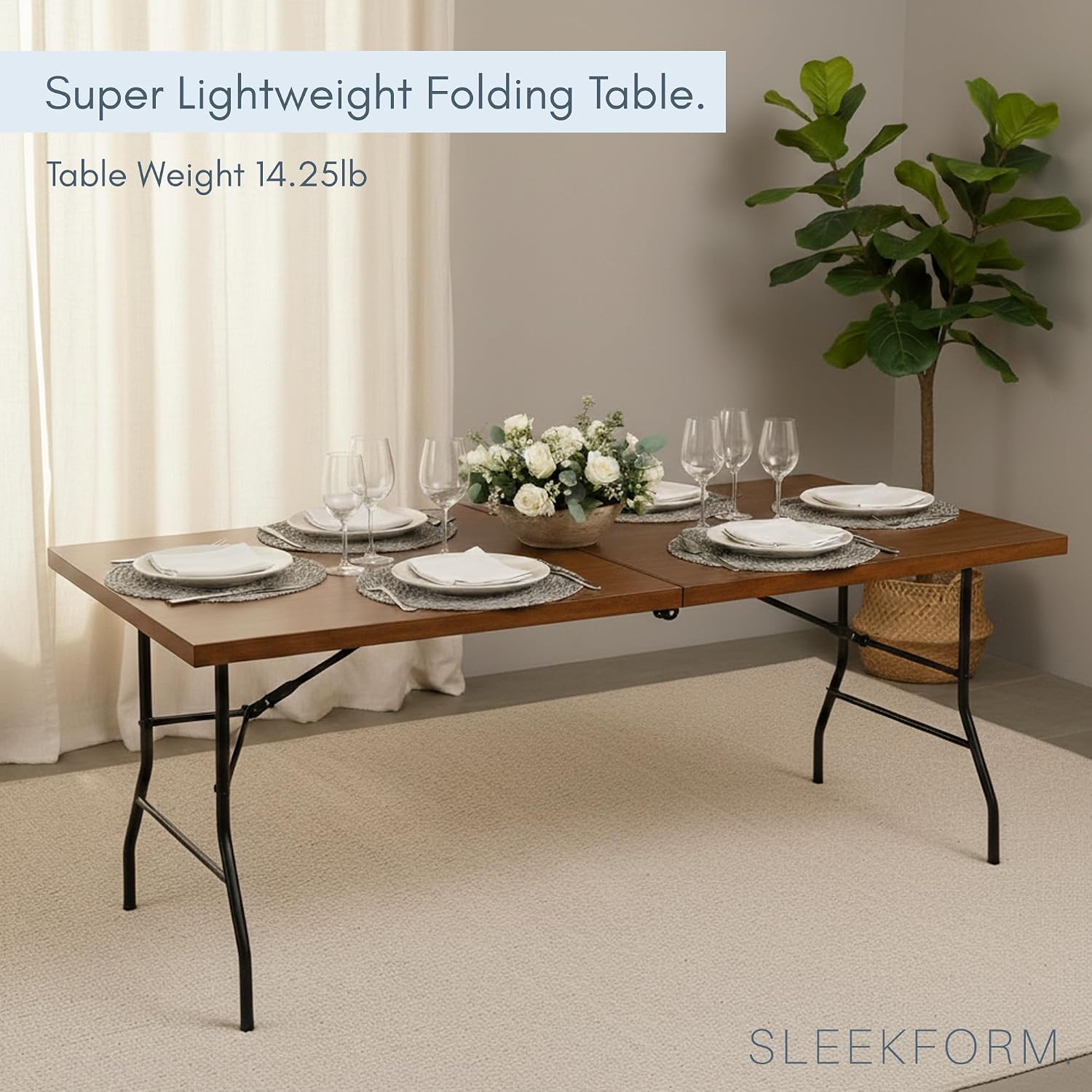 Sleekform 6ft Wooden Folding Table with Handle, Wood Folding Banquet Tables for Dinner - 6 Foot x 28 in, Portable, Sturdy & Lightweight Foldable Table for Dinner, Conference or Picnic - Walnut