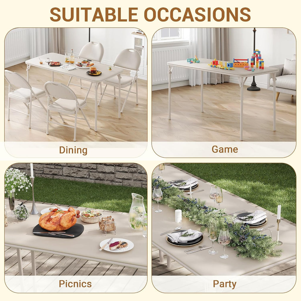 coucheta 5-Piece Rectangle Folding Table and Chairs Set, Foldable Portable Card Table and Chairs, Scratch & Stain Resistant Tabletop, for Dining Room, Living Room, Office, Camping, Gatherings, Beige