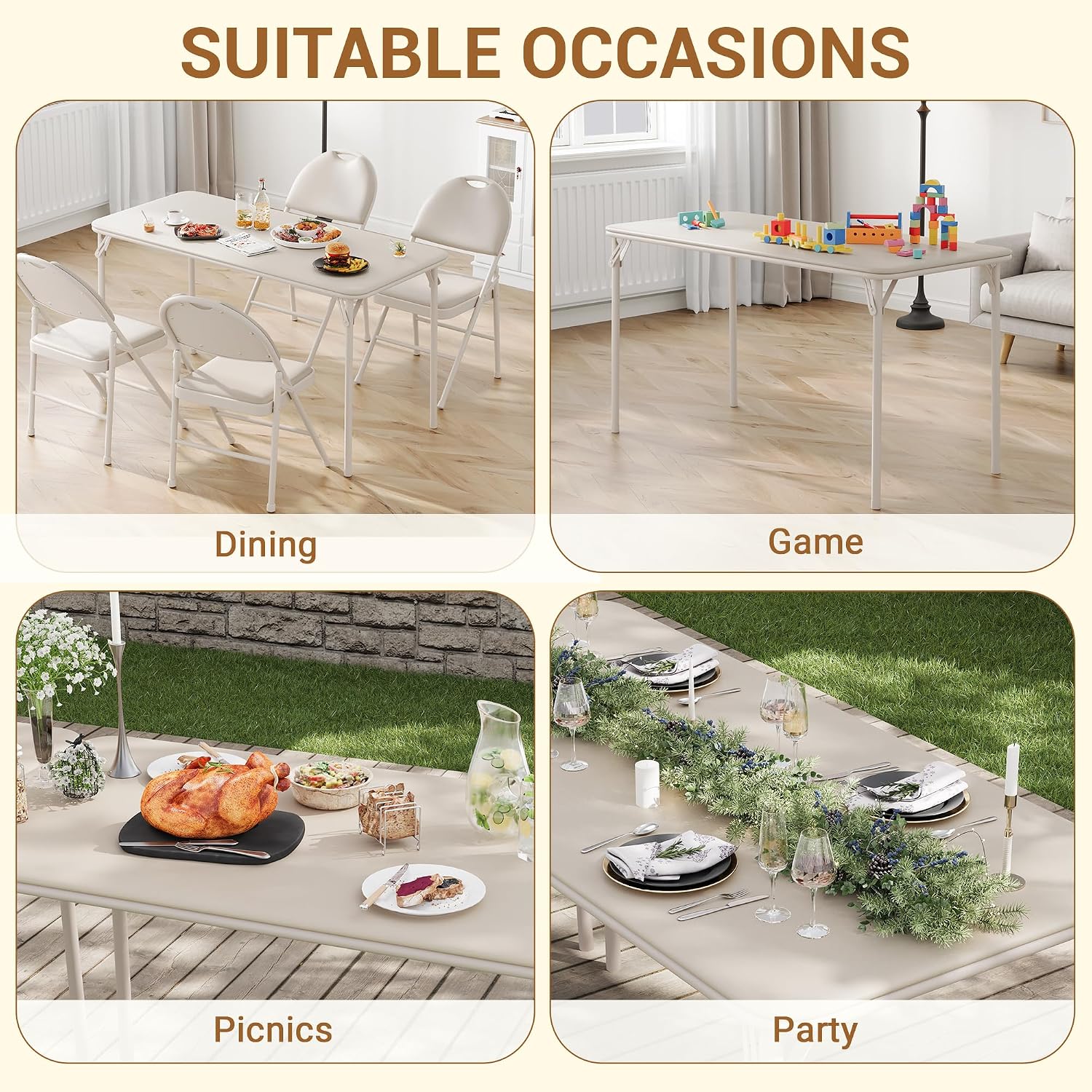 coucheta 5-Piece Rectangle Folding Table and Chairs Set, Foldable Portable Card Table and Chairs, Scratch & Stain Resistant Tabletop, for Dining Room, Living Room, Office, Camping, Gatherings, Beige