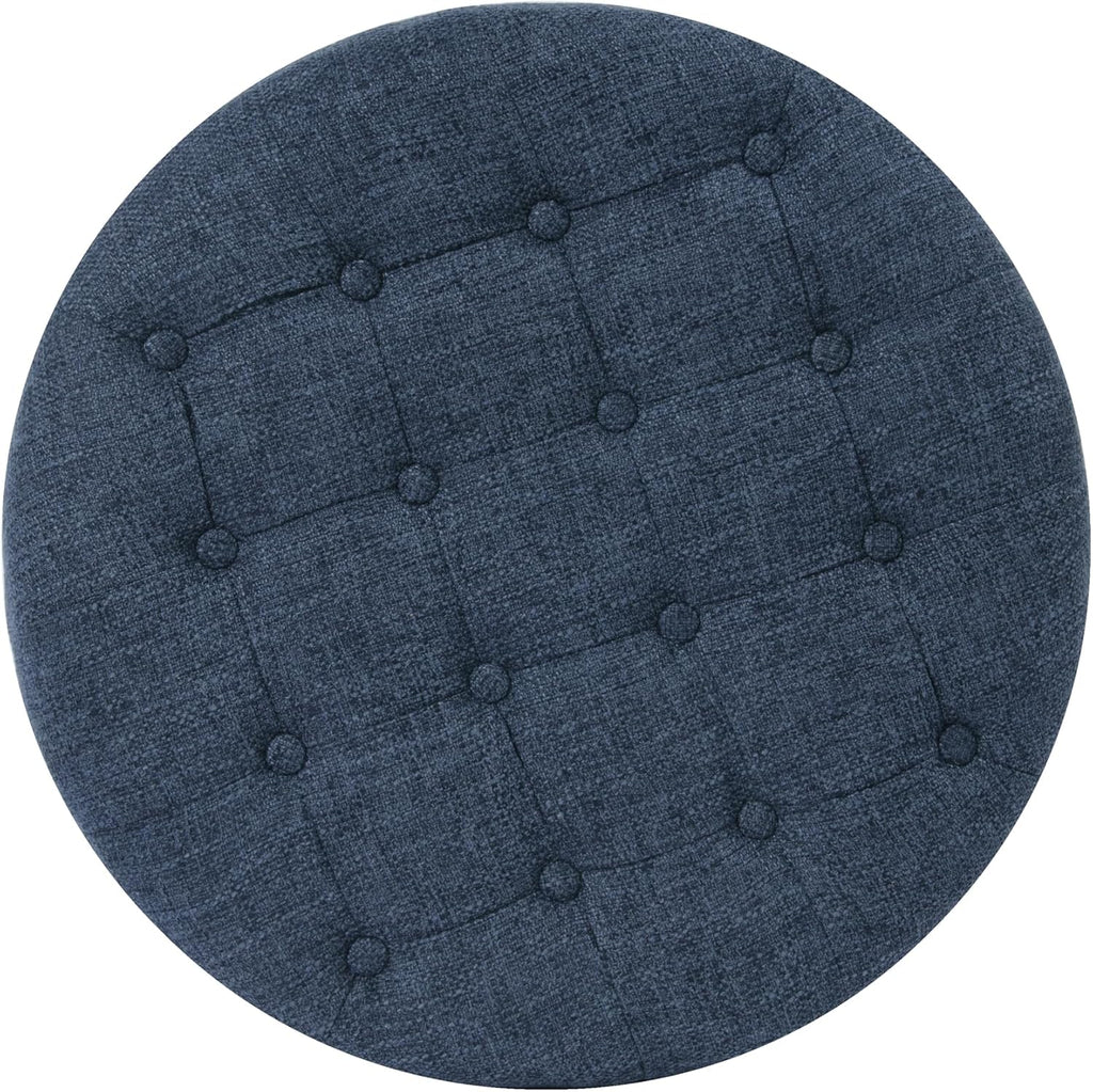 Homepop Home Decor | Large Button Tufted Woven Round Storage Ottoman for Living Room & Bedroom (Navy Woven) 25 inch D x 25 inch W x 15 inch H