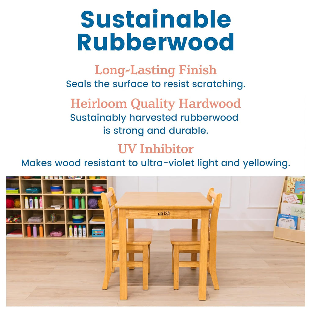 ECR4Kids 24in x 24in Square Hardwood Table with 24in Legs and Two 14in Chairs, Kids Furniture, Honey, 3-Piece