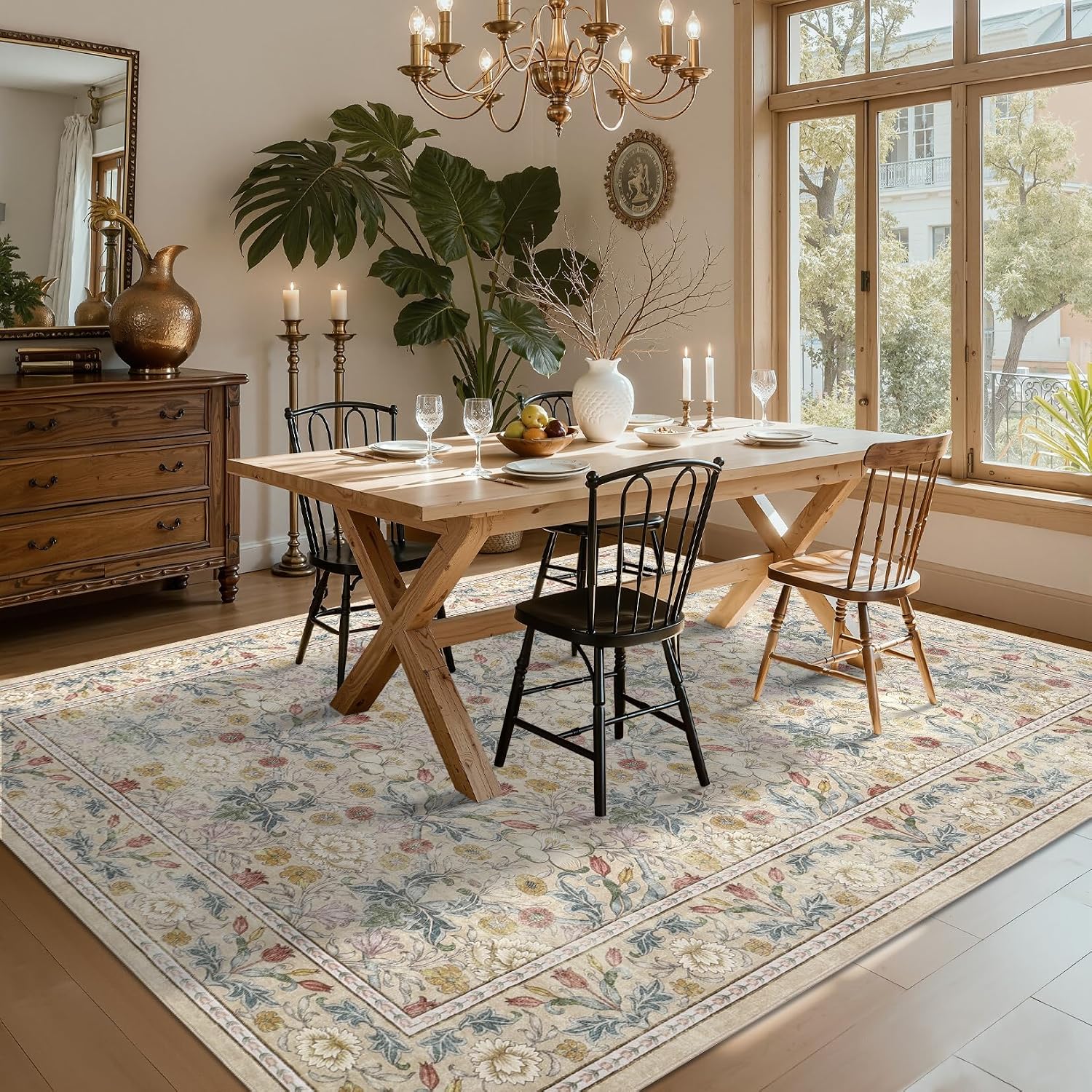 GarveeHome Area Rugs 8x10 for Living Room, Beige Floral Large Washable Rug Soft Non Slip Carpet Indoor Thin Accent Rug for Bedroom Dining Room Playroom Nursery Home Decor