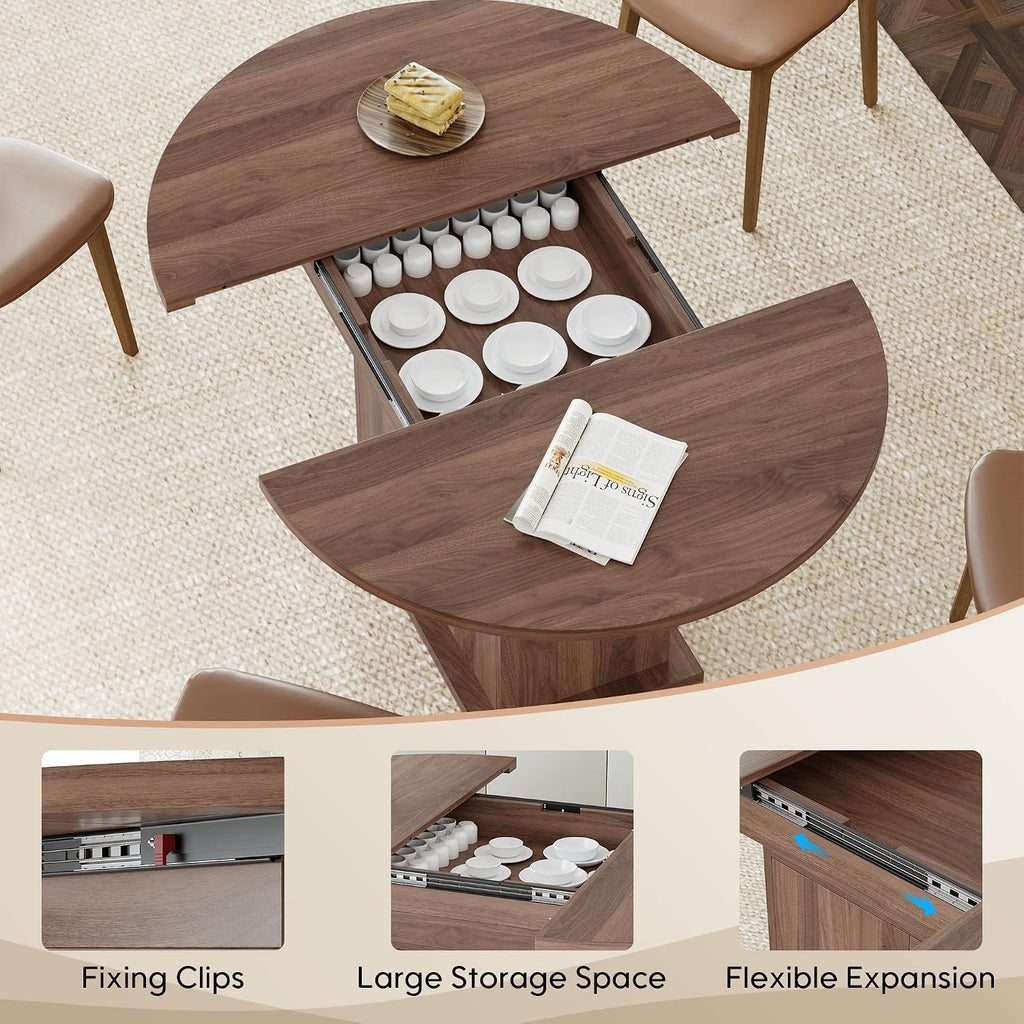 43.3in-59in Extendable Round Dining Table for 4-8, Modern Expandable Kitchen Oval Dining Table, Space Saving Circle Dining Room Table with Storage Shelf for Kitchen Living Room