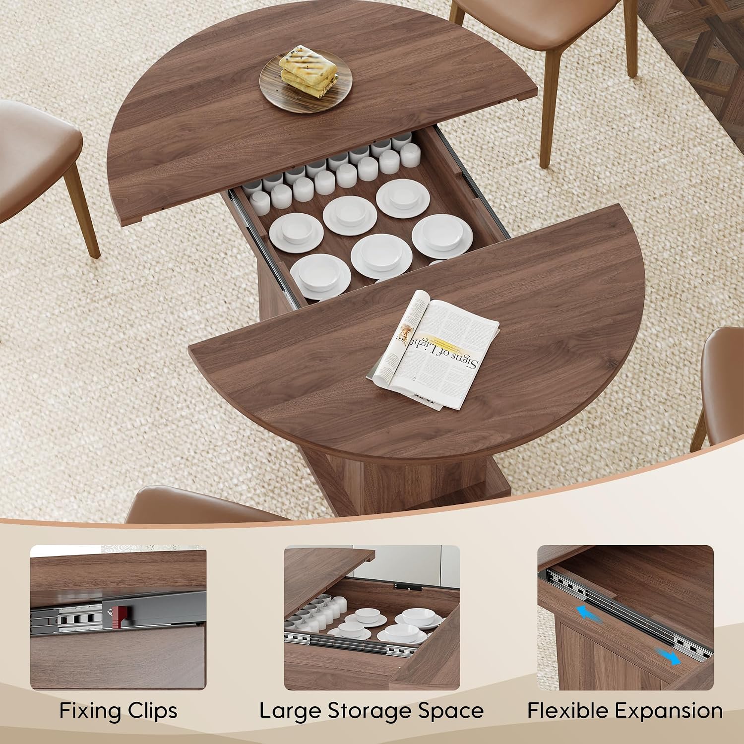 43.3in-59in Extendable Round Dining Table for 4-8, Modern Expandable Kitchen Oval Dining Table, Space Saving Circle Dining Room Table with Storage Shelf for Kitchen Living Room