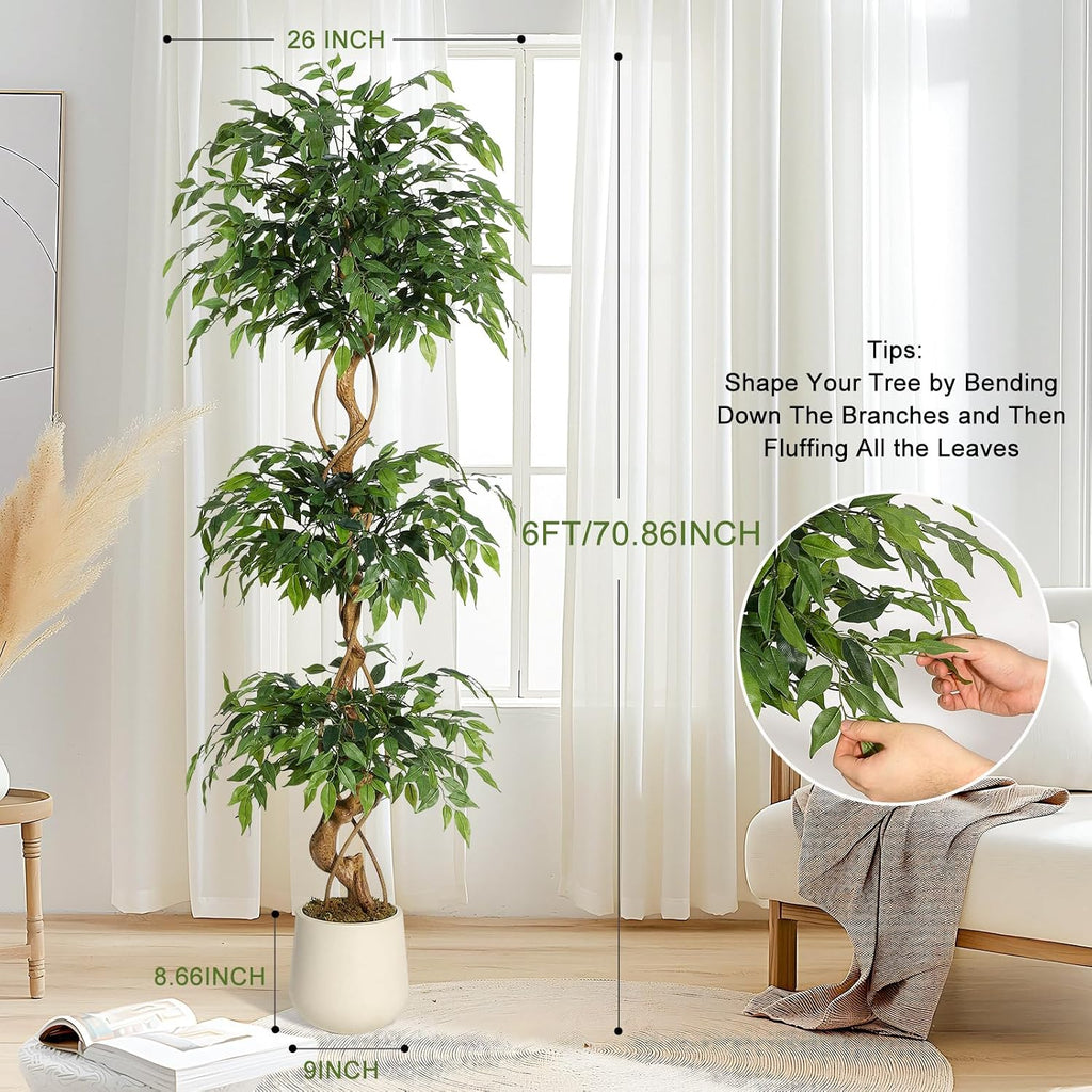 GarveeHome Ficus Artificial Tree with Curved Trunk，6 ft Faux Plant Fake Silk Trees with White Pot, Fake Ficus Tree for Home Decor, Artificial Plants Indoor for Office Living Room