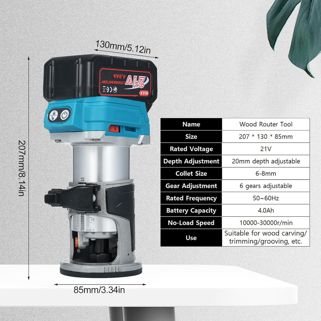 Trim Router with Brushless Motor 6 Variable Speeds 30000 RPM Compact Router for Woodworking with Metal Base Precise Scale Milling Cutter and 4.0Ah Batteries (US Plug & 1 Battery)