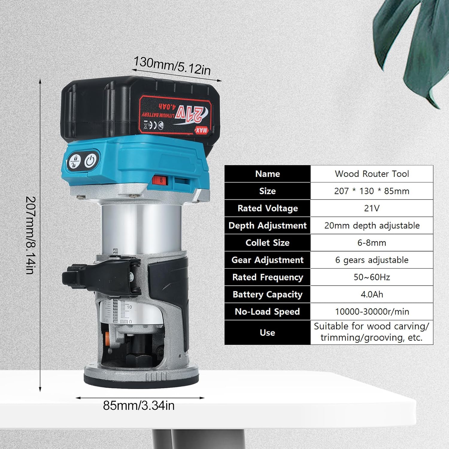 Trim Router with Brushless Motor 6 Variable Speeds 30000 RPM Compact Router for Woodworking with Metal Base Precise Scale Milling Cutter and 4.0Ah Batteries (US Plug & 1 Battery)