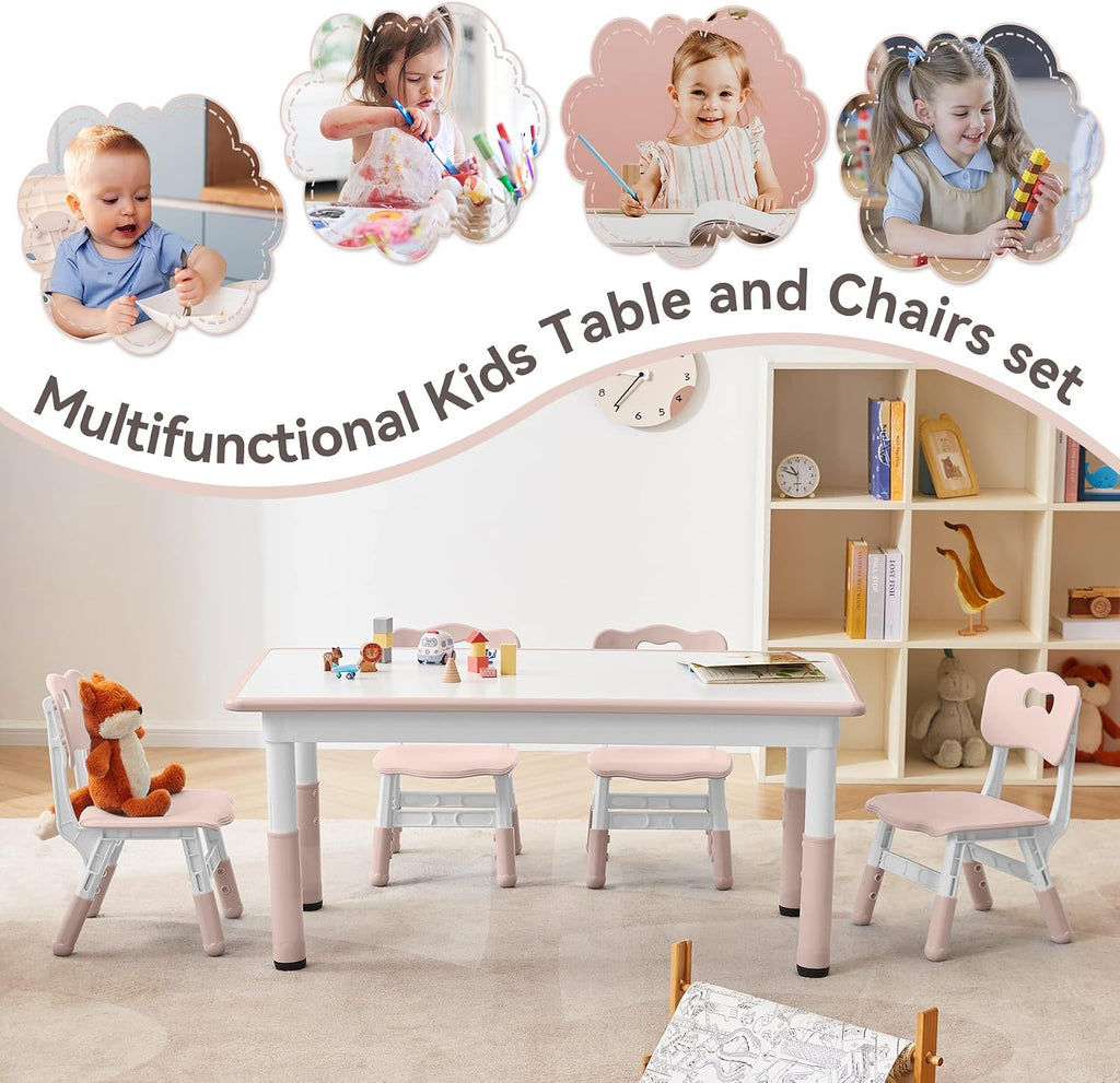 GITAWUSA Kids Study Table and Chairs Set, Height Adjustable Toddler Table and Chair Set for Kids Ages 3-8, Graffiti Desktop Plastic Children Art Table with 4 Seats, Lovely Pink