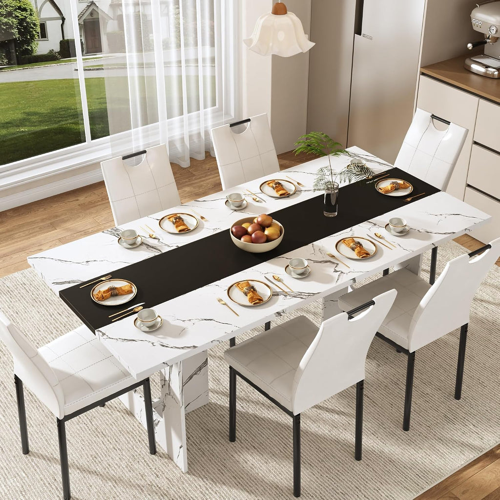 St.Mandyu 7 Pieces Dining Table & Chairs Set for 4-8 People, 71 Inch Kitchen Table with 6 Chairs, Rectangle Dining Table with Wooden Legs for Dining Room, Living Room, White