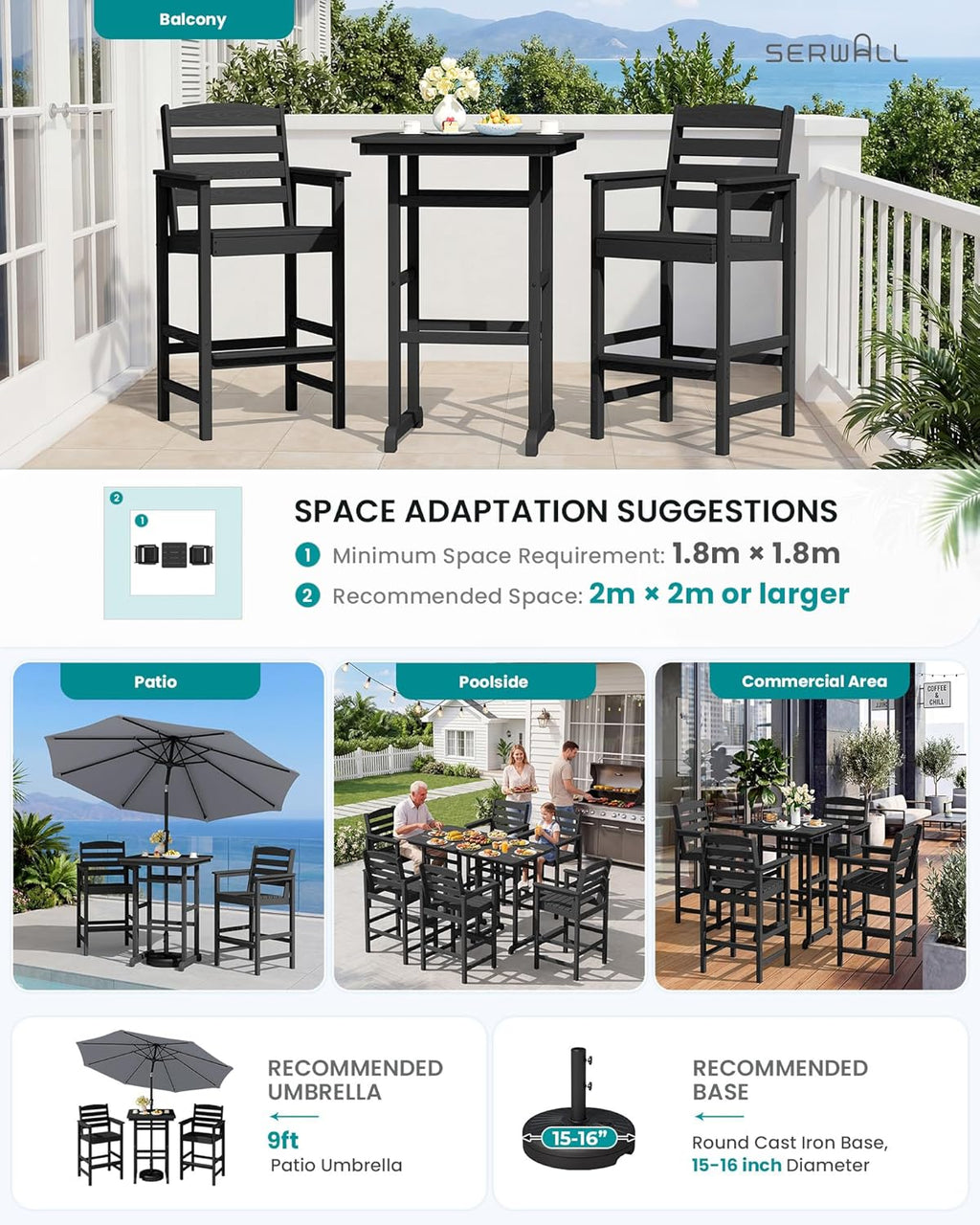 SERWALL 4 Pieces Outdoor Patio Bar Set with 9ft Umbrella, Outdoor HDPE Barstool and Table Furniture Set with Patio Umbrella, Black