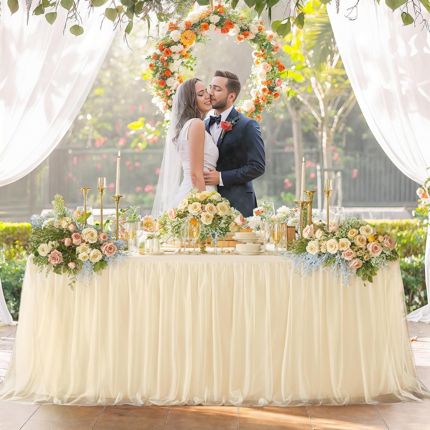 Champagne Table Cloths for 6 Foot Rectangle Tables, Tulle Table Skirt for Rectangle Table 6 ft Fitted Table Cover Desk Skirt Birthday Party Wedding Banquet Tablecloth Elastic Stretch Ruffle Tablecloth