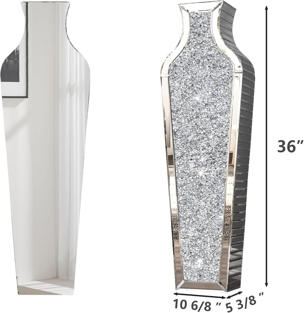 SHYFOY 36 inch Floor Vase Crushed Diamond Decorative Mirrored Tall Vases for Decor Living Room, Large Silver Glass Floor Vase for Pampas Grass Artificial Flowers