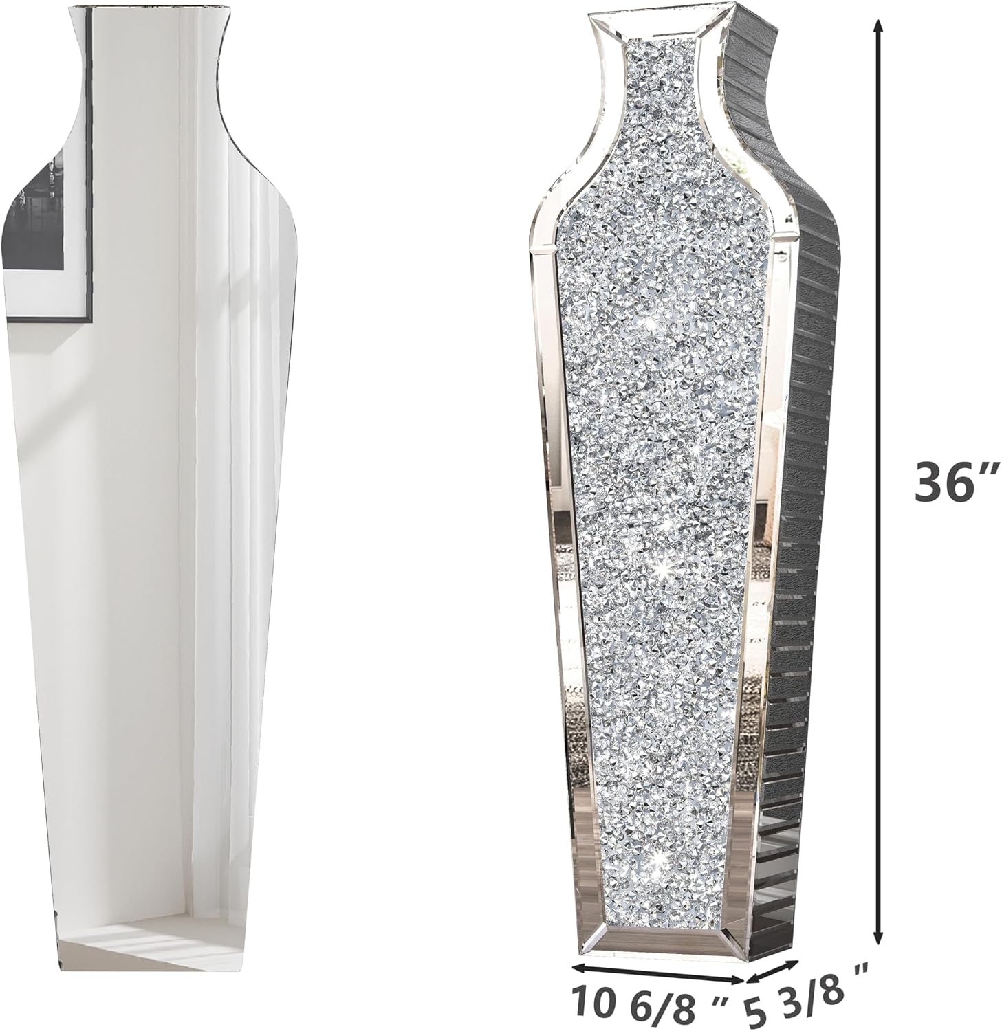 SHYFOY 36 inch Floor Vase Crushed Diamond Decorative Mirrored Tall Vases for Decor Living Room, Large Silver Glass Floor Vase for Pampas Grass Artificial Flowers