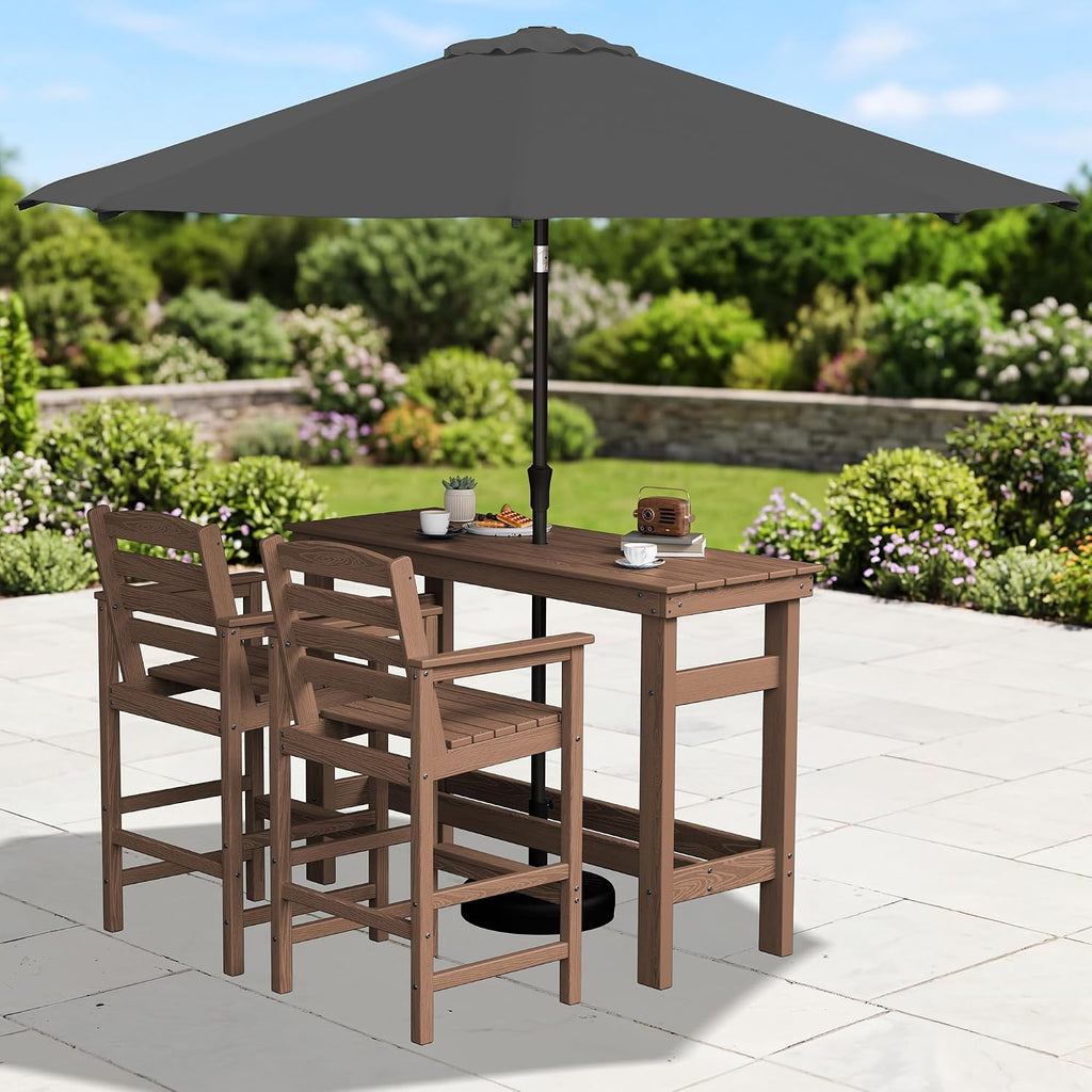 SERWALL Outdoor Bar Set with 9ft Umbrella, All-Weather HDPE Patio Bar Chairs and Table, Outdoor Furniture Set, Brown (Umbreall Base not Included)