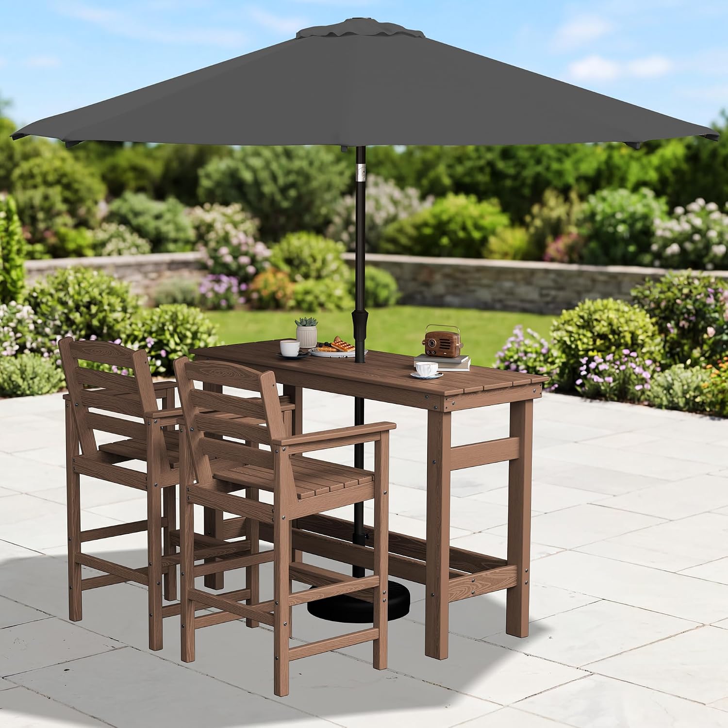SERWALL Outdoor Bar Set with 9ft Umbrella, All-Weather HDPE Patio Bar Chairs and Table, Outdoor Furniture Set, Brown (Umbreall Base not Included)