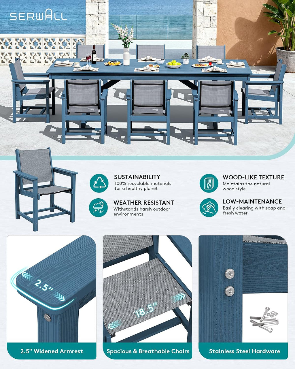 SERWALL 9 Piece Outdoor Dining Set, 84' HDPE Outdoor Large Table and Textilene Sling Chairs for 8，All Weather Patio Dining Furniture Set with Umbrella Hole for Backyard, Garden, Blue