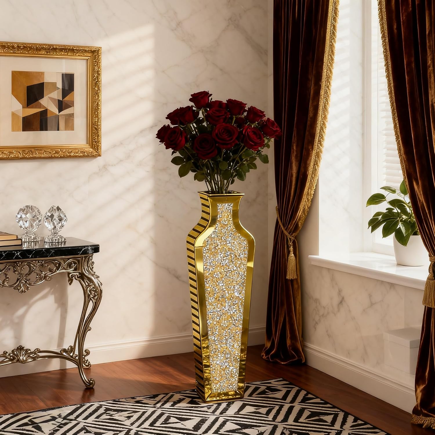 SHYFOY Gold Crushed Diamond Floor Vase, Large Mirrored Tall Vases for Floor, Modern Glass Decorative Vases for Living Room Bedroom Home Corner Indoor Office, 26.8' Tall