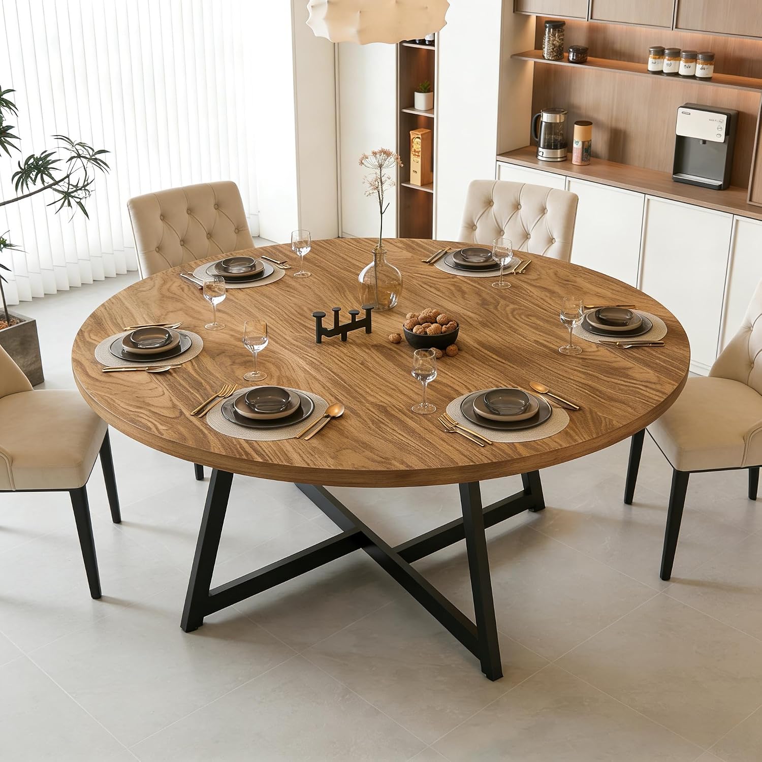Large Round Dining Table for 6-8, Wooden Dinner Table with Heavy Duty Metal Pedestal Base, for Kitchen Living Room, Space Saving, 59 Inch, Brown