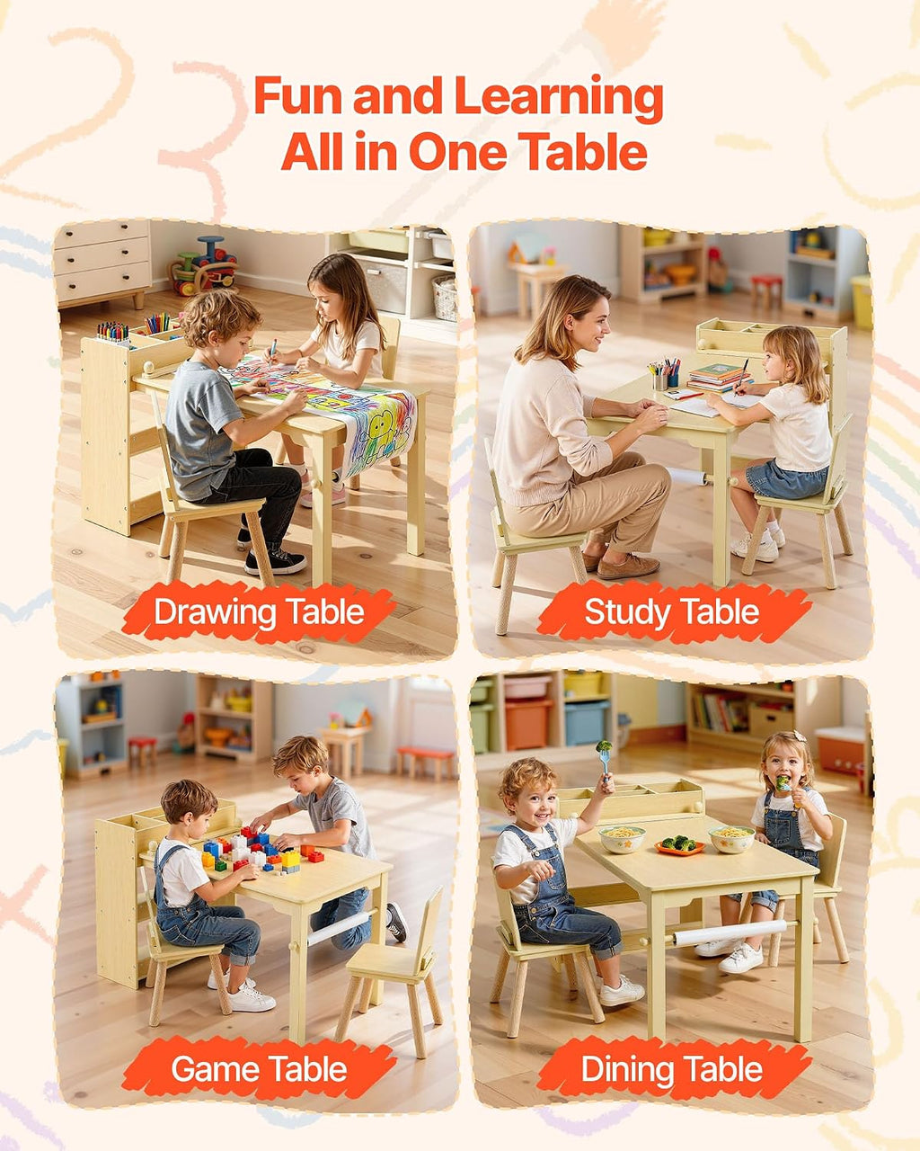 VEVOR Kids Art Table and Chair Set, Toddler Activity Table with Storage, Wood Kids Craft Desk with Paper Roll for Drawing, Reading, Writing, Kid Play Table for Nursery, Playroom, Classroom, Natural