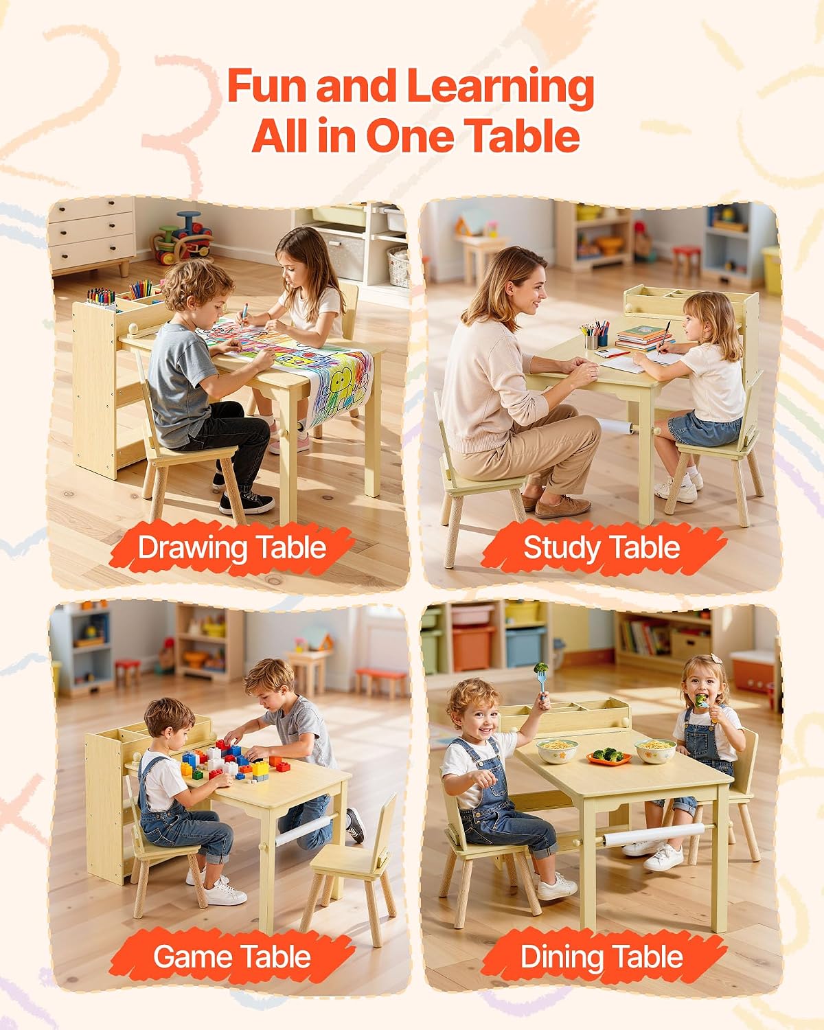 VEVOR Kids Art Table and Chair Set, Toddler Activity Table with Storage, Wood Kids Craft Desk with Paper Roll for Drawing, Reading, Writing, Kid Play Table for Nursery, Playroom, Classroom, Natural