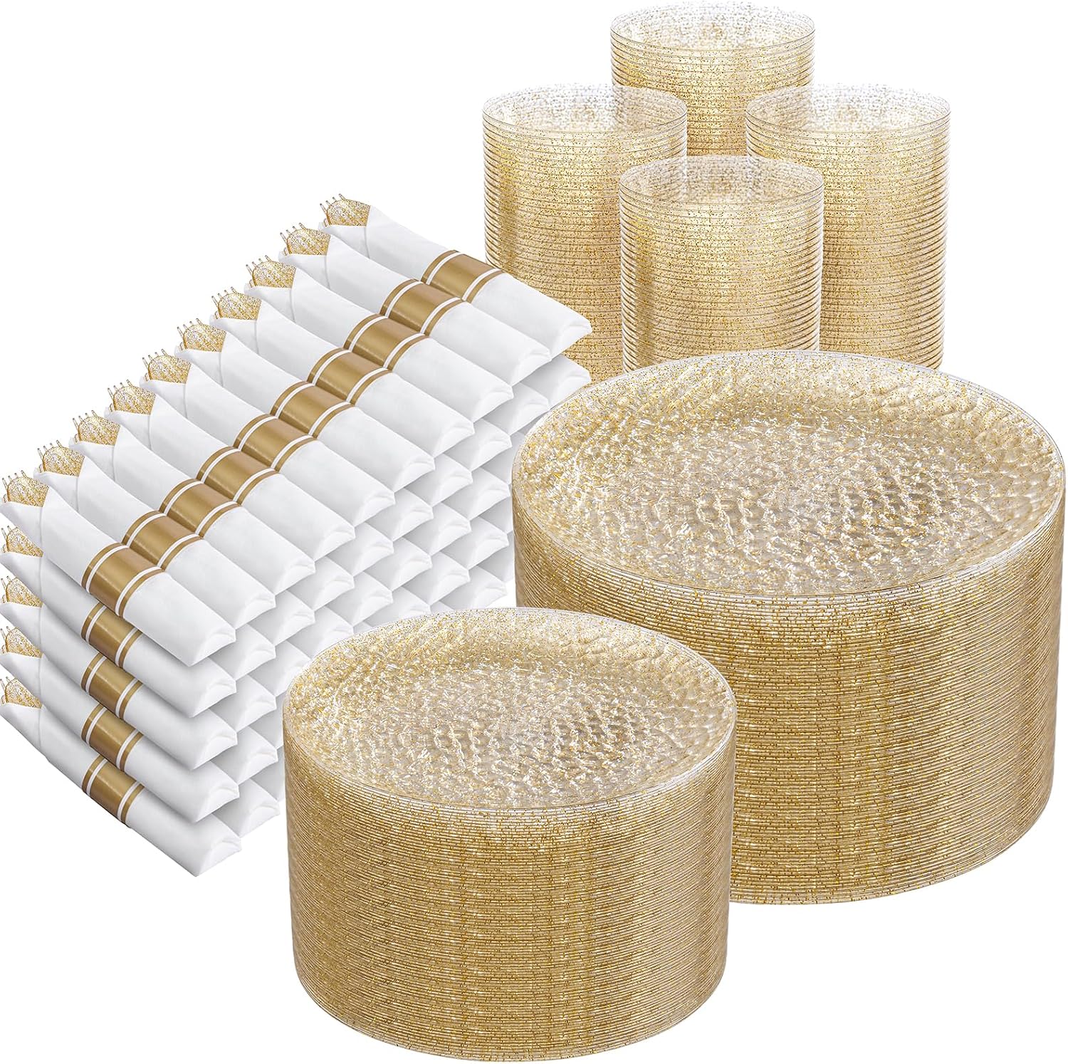 Rubtlamp 700Pcs Gold Glitter Plastic Dinnerware Set, Hammered Clear Plates, Fancy Plastic Plates Include 100 Dinner Platos, 100 Salad Platos, 100 Cups,100 Pack Pre Rolled Glitter plastic Silverware