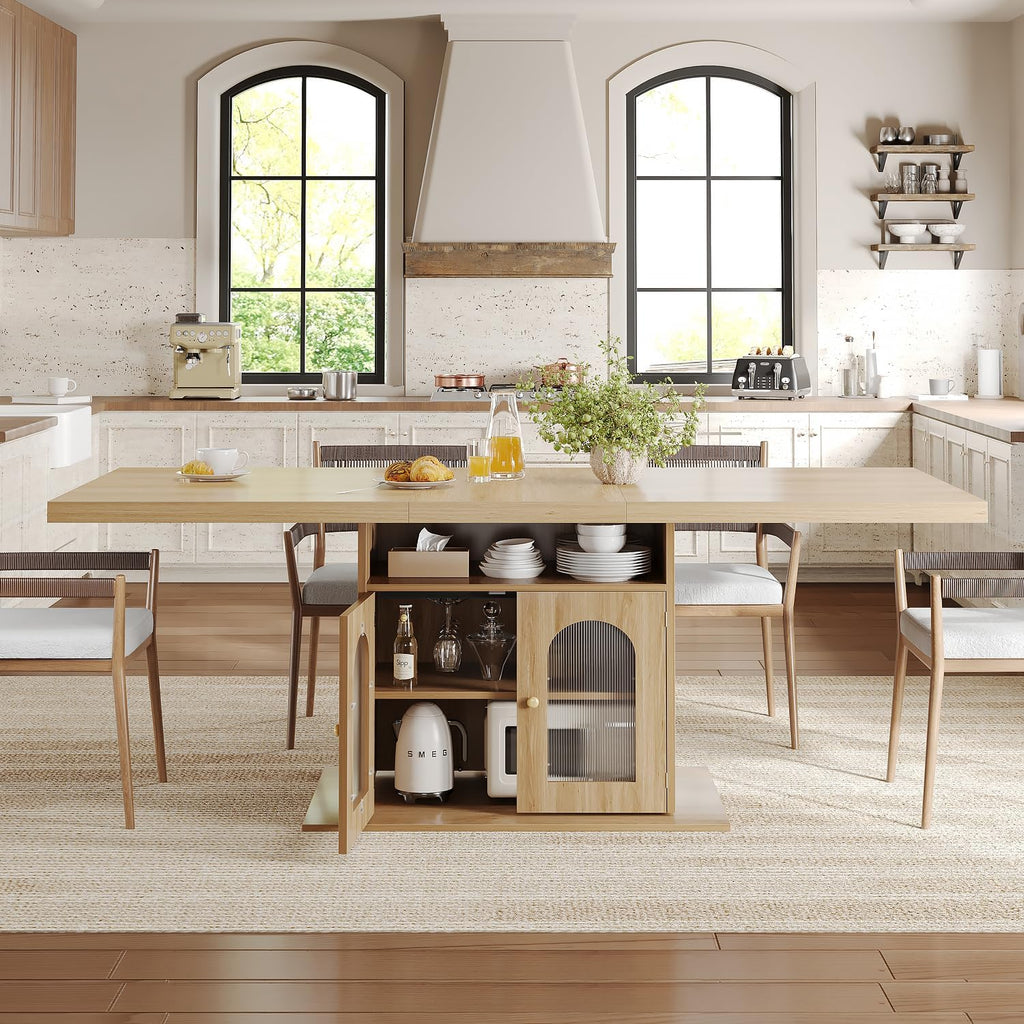 HSH Dining Table for 4–6, 63 Inch Wood Farmhouse Kitchen Table with 3-Tier Storage Shelf and Acrylic Door Cabinet, Rectangular Modern Dining Room Dinner Table for Apartment Home Small Space, Light Oak