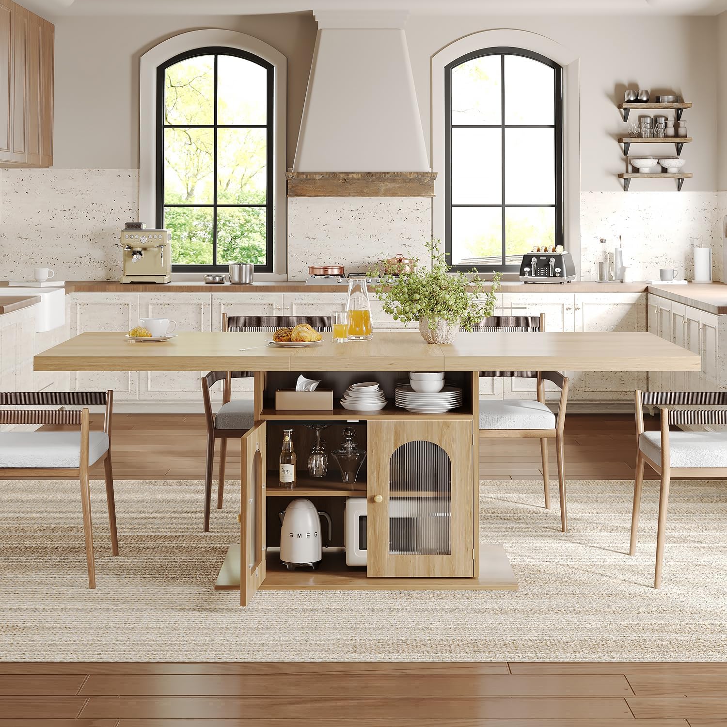 HSH Dining Table for 4–6, 63 Inch Wood Farmhouse Kitchen Table with 3-Tier Storage Shelf and Acrylic Door Cabinet, Rectangular Modern Dining Room Dinner Table for Apartment Home Small Space, Light Oak