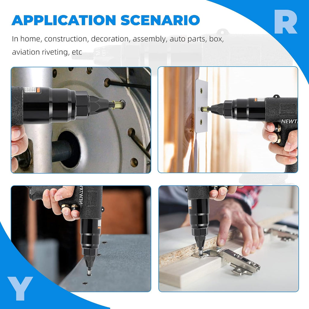 NEWTRY Air Rivet Nut Gun Pneumatic Riveter Riveting Tool Kit with Self-locking Head for 1/4,5/16,25/64 Nut (6108 with M6.M8,M10 head)
