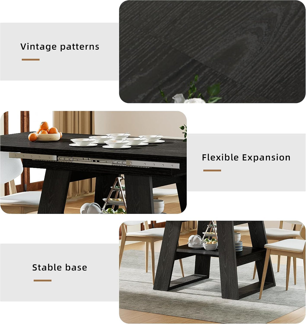 Lxsxlome 47.24''-66.92'' Extendable Dining Room Table for 4-6, Rectangle Extendable Kitchen Table with Removable Leaves, Space Saving, Wooden Dining Table with Storage Shelf (Style 2, Black)