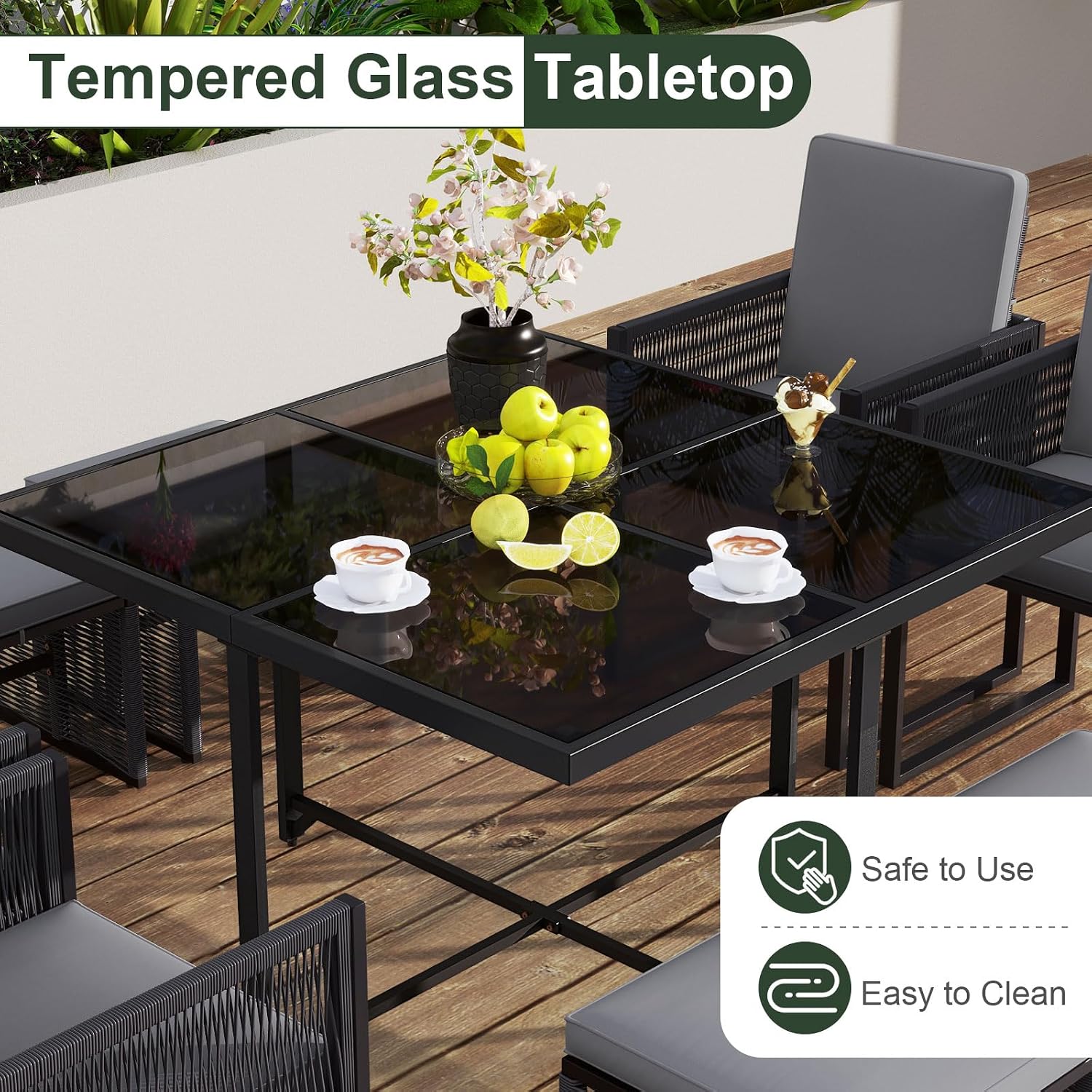 Tangkula 9 Pieces Patio Dining Set, Outdoor Space-Saving Furniture Set with PE Rattan Chairs, Tempered Glass Table and Ottomans, Outdoor Sectional Conversation Set with Cushions for Yard