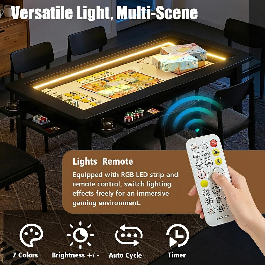 Haddockway Solid Wood Board Game Table with Colorful Led Lights, Dining/Gaming Table for 4-6 Players with Charge Station,Removable Top, Play Mat, 6 Cup Holders & Trays (Black)