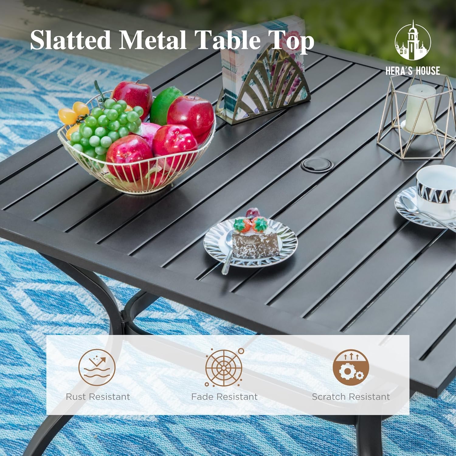 HERA'S HOUSE 5 Pieces Patio Dining Set, Outdoor Table and Chairs Set for 4, 4 x Blue Textilene Dining Chair, 37' Square Metal Dining Table, for Lawn Garden Backyard Deck