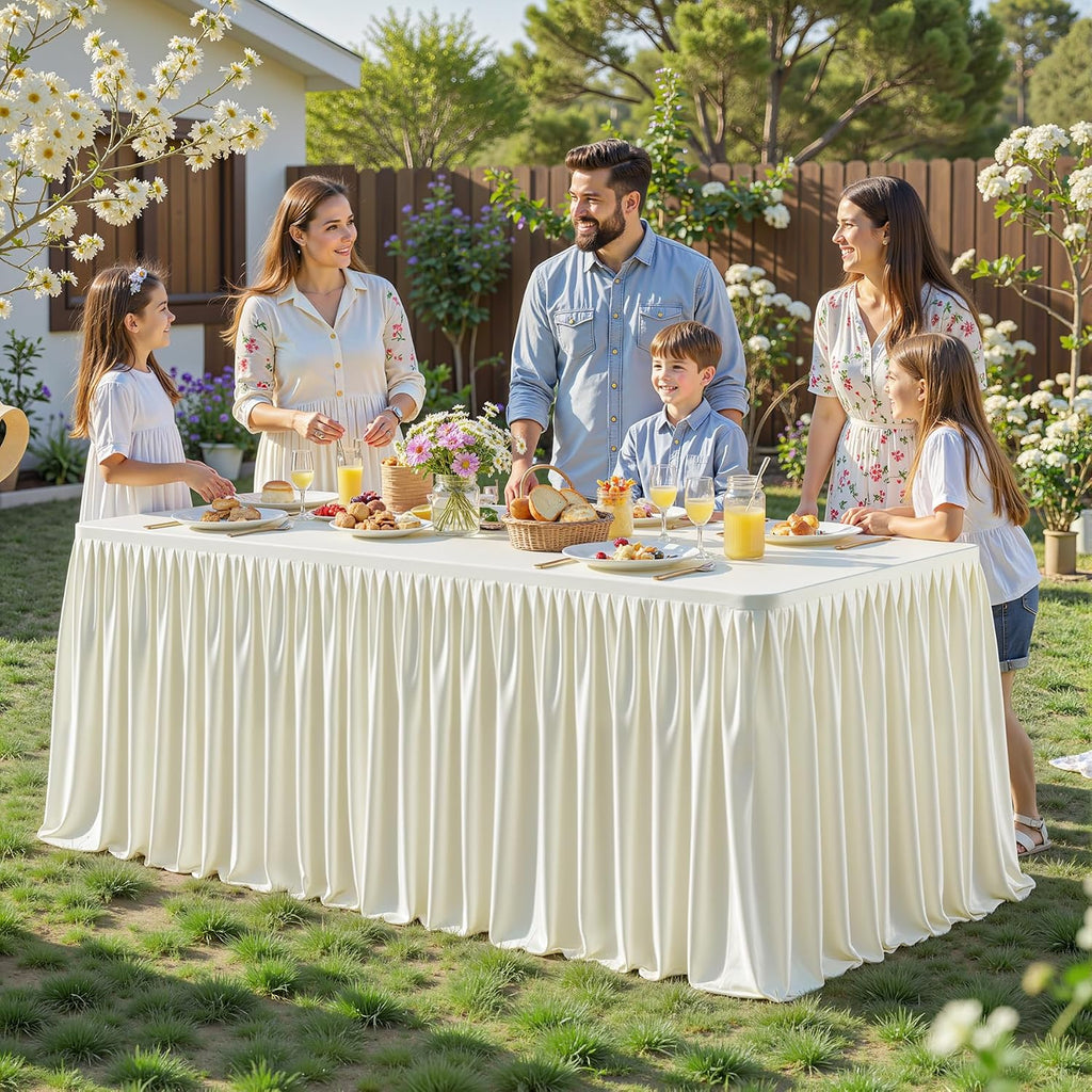 6 Packs Ivory Polyester Tablecloths Rectangle Tables 8ft, Stretch Fitted Table Covers for 8 Foot Tables Wrinkle Free Rectangle Table Cloth with Skirt for Birthday Party Events Banquet Baby Shower