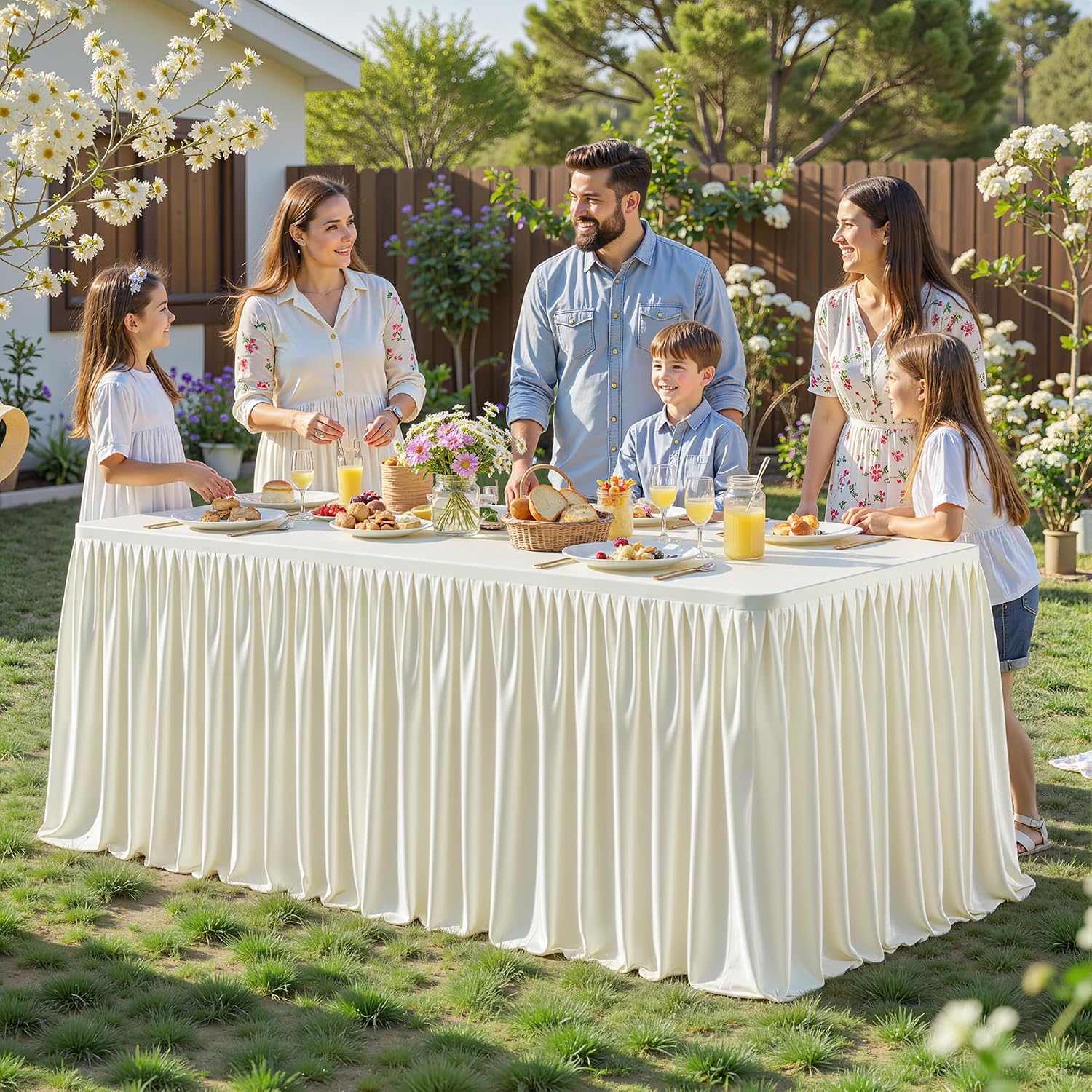 6 Packs Ivory Polyester Tablecloths Rectangle Tables 8ft, Stretch Fitted Table Covers for 8 Foot Tables Wrinkle Free Rectangle Table Cloth with Skirt for Birthday Party Events Banquet Baby Shower