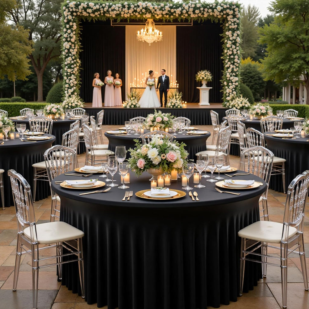 8 Pack Spandex Black Round Tablecloths for 72inch Table, Wrinkle Free 132inch Stretchy Fitted 6ft Round Table Cloth Covers with Skirt for Wedding Birthday Graduation Parties Banquet Events