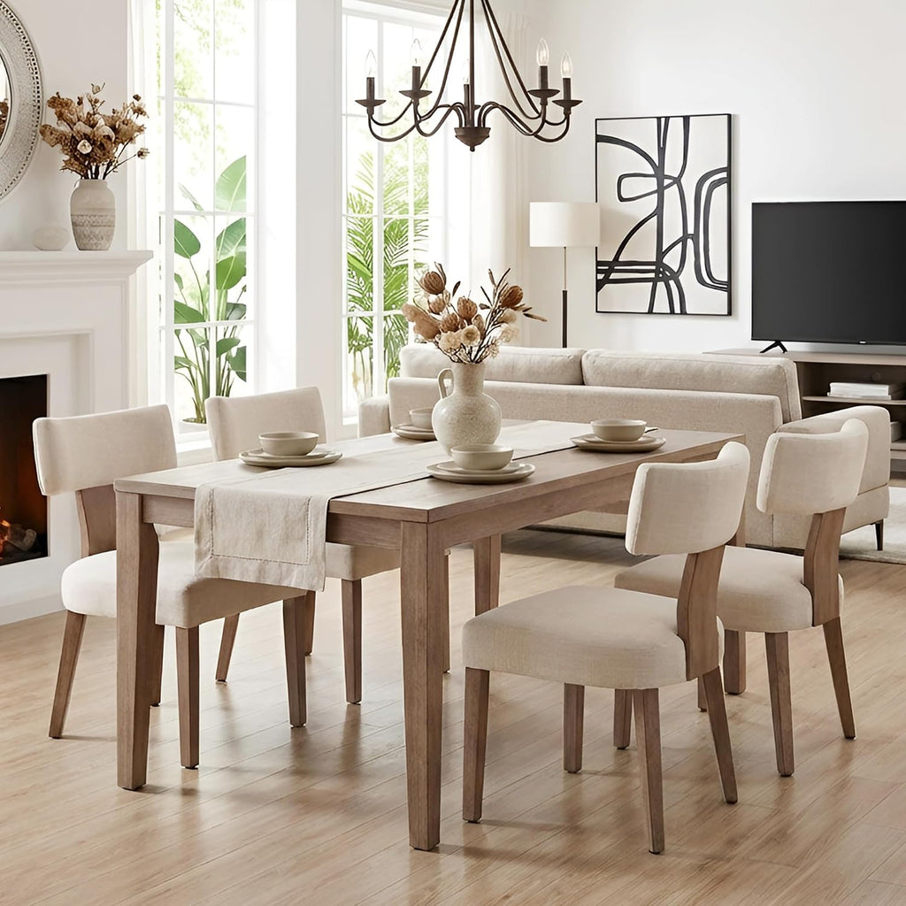 HNY Mid Century Modern Dining Chairs Set of 4, Farmhouse Linen Fabric Upholstered Accent Curved Backrest Kitchen Chairs, with Hardwood Frame, Beige