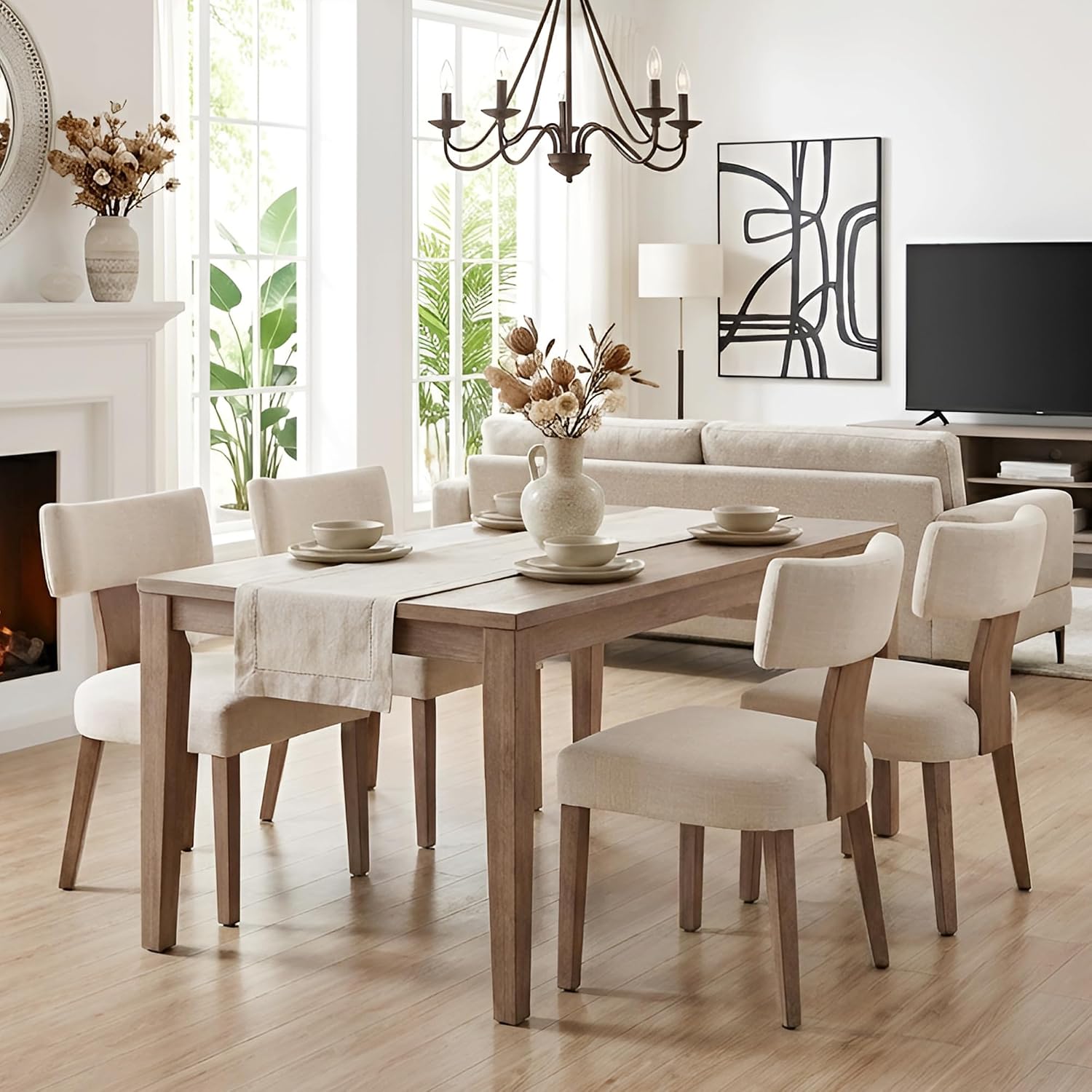HNY Mid Century Modern Dining Chairs Set of 4, Farmhouse Linen Fabric Upholstered Accent Curved Backrest Kitchen Chairs, with Hardwood Frame, Beige