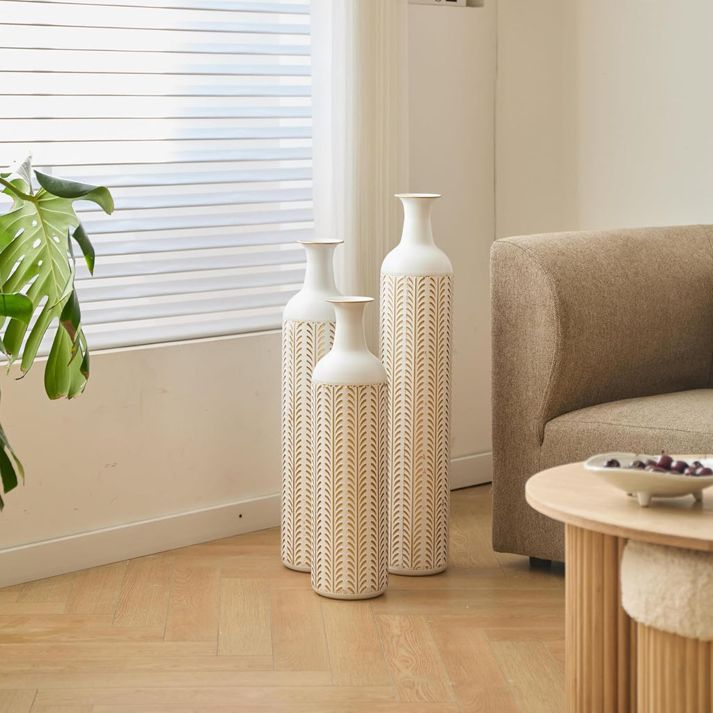 White Metal Floor Vase Set of 3 - Modern Glazed Tall Standing Vase for Home Decor, Living Room & Wedding Centerpieces, Tall Metal Standing Vases for Home Decor (White+Gold Ear of Wheat)