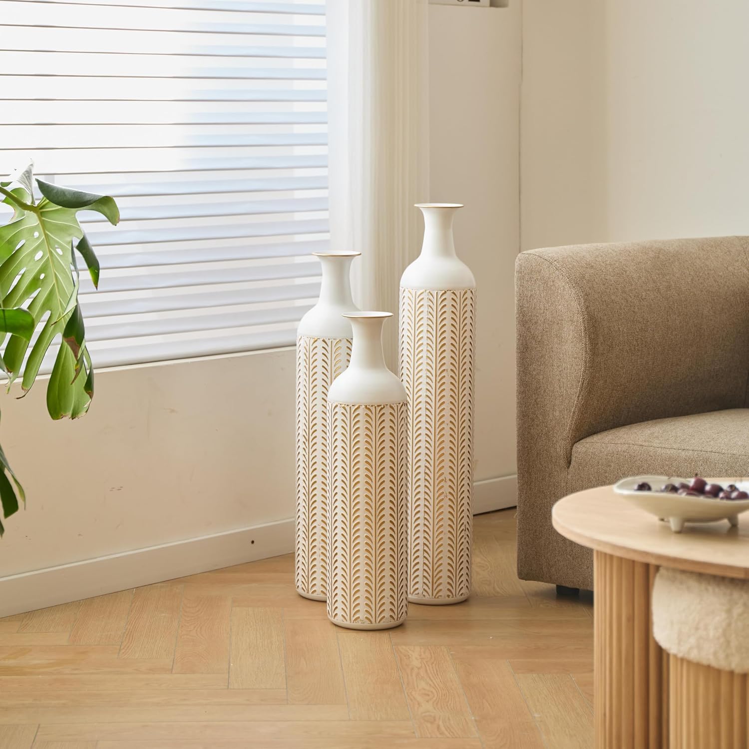 White Metal Floor Vase Set of 3 - Modern Glazed Tall Standing Vase for Home Decor, Living Room & Wedding Centerpieces, Tall Metal Standing Vases for Home Decor (White+Gold Ear of Wheat)