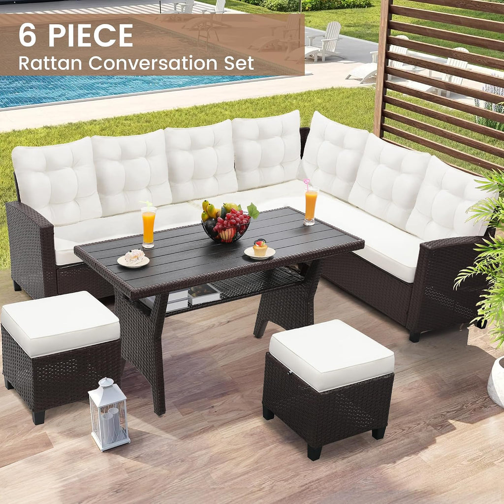 KROFEM 6-Piece Patio Furniture Set, Outdoor Sectional Sofa with Dining Table & Chairs, All-Weather Dining Set with Removable Cushion Covers, Ideal for Garden, Porch, Backyard, White