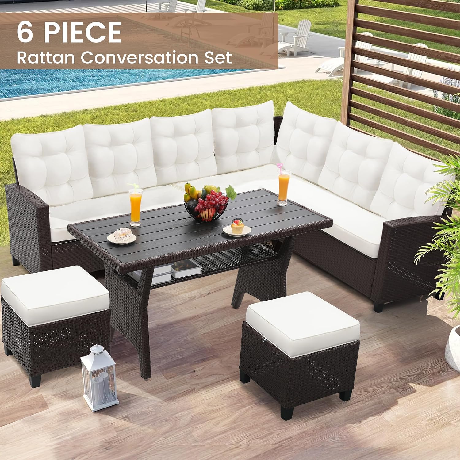 KROFEM 6-Piece Patio Furniture Set, Outdoor Sectional Sofa with Dining Table & Chairs, All-Weather Dining Set with Removable Cushion Covers, Ideal for Garden, Porch, Backyard, White