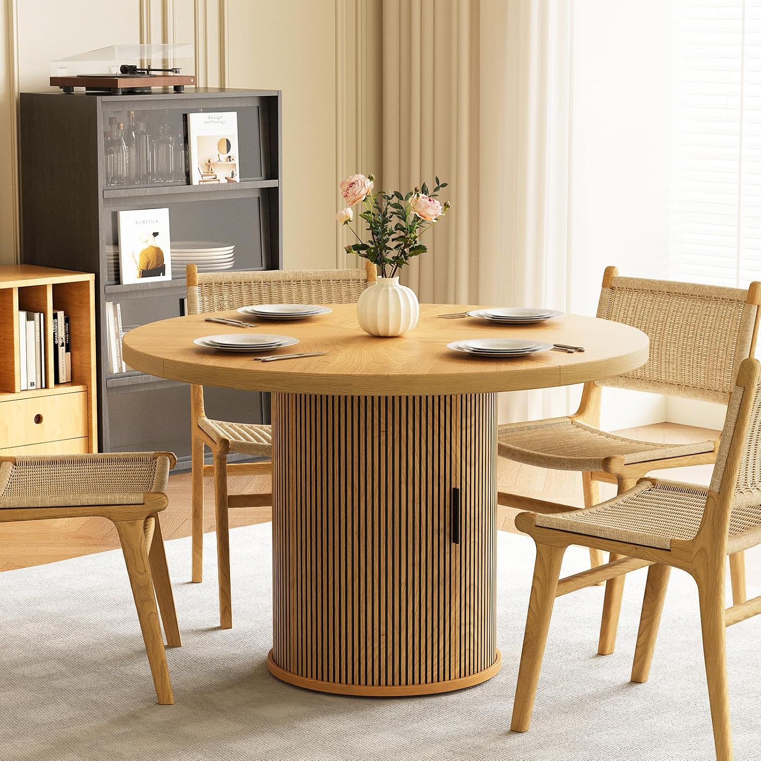 47 inch Round Dining Table for 4, Farmhouse Kitchen Table with 2-Layer Storage Shelf and Wood Slide Door Modern Dinner Table or Home Dining Room Living Room (Natural)