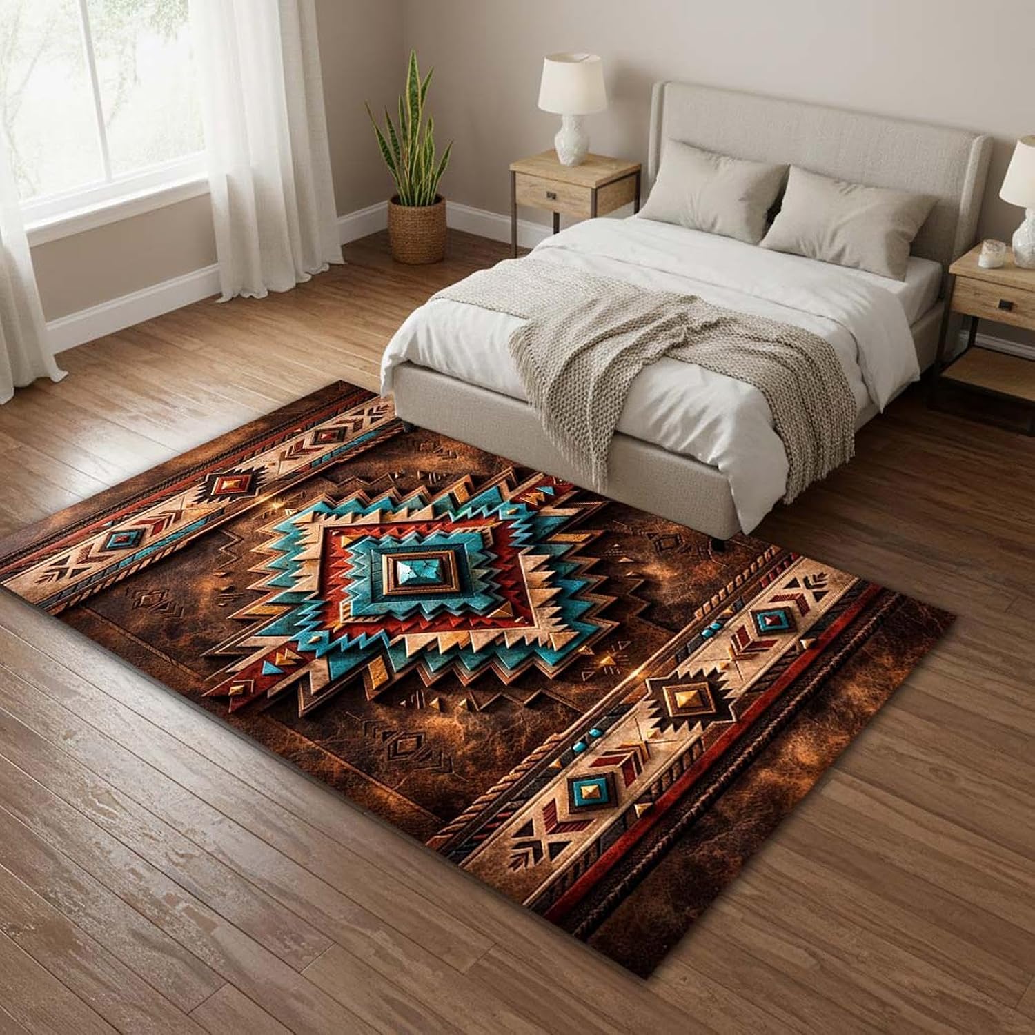 Southwestern Aztec Area Rug 5'x8' Brown Turquoise Rustic Western Ranch Carpet, 3D Tribal Design, Non Slip Washable Low Pile Rug for Living Room Bedroom