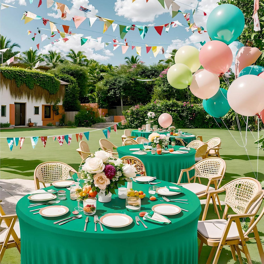 Outpain 6 Pack Emerald Spandex Round Tablecloths for 72 inch Table, Stretchy 132inch Fitted 6FT Round Table Cloths, Wrinkle Free Table Cover with Skirt for Wedding Party Dining Banquet
