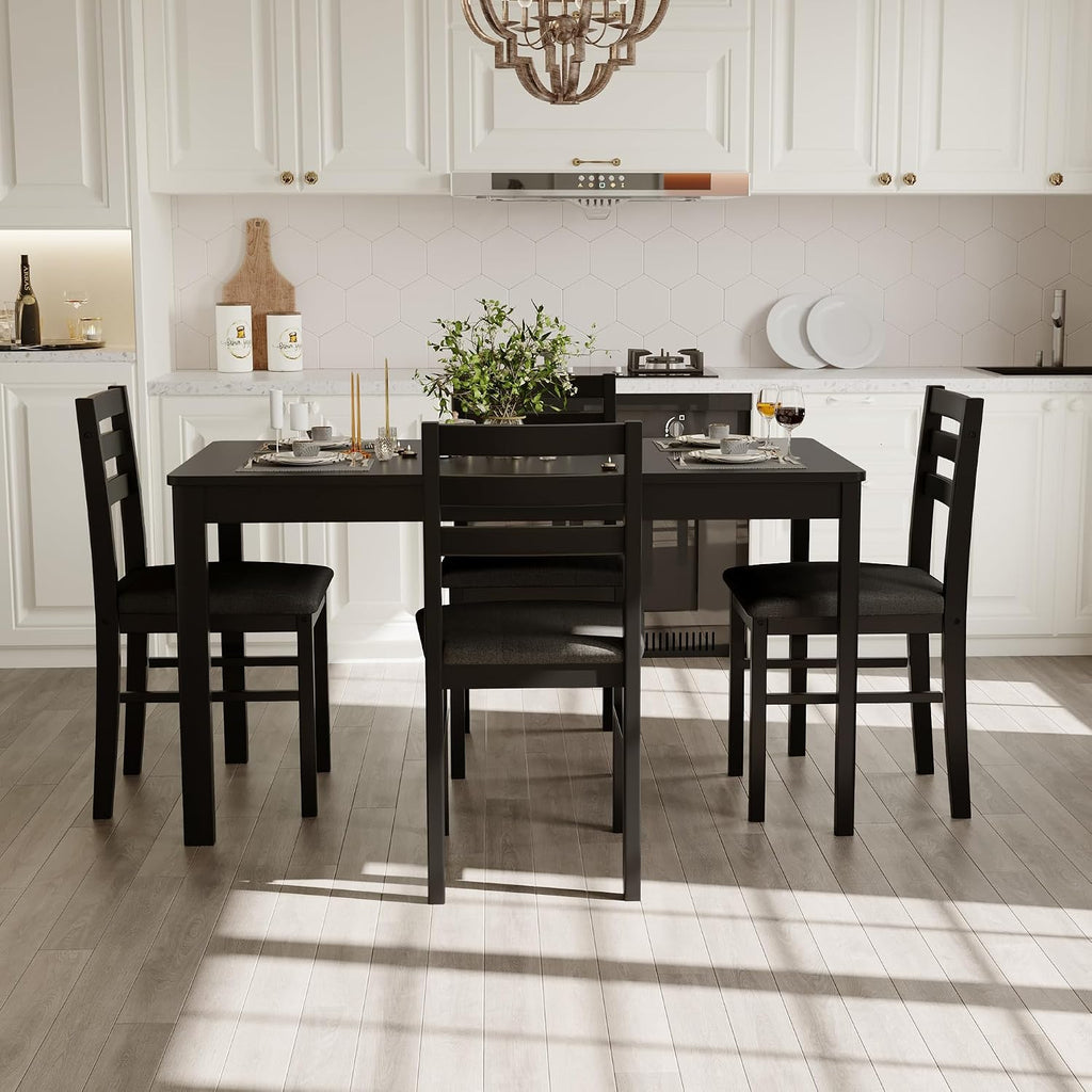 5-Piece Solid Wood Indoor Modern Rectangular Dining Table Set for 4,Table and 4 Chairs Set with Soft Cushions for Kitchen,Bar,Living Room,Breakfast Nook,Black