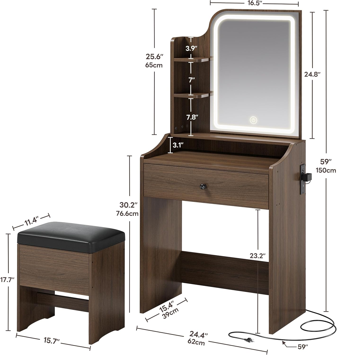 LIKIMIO Small Makeup Vanity Desk with Mirror and Lights, Vanity Table Set with Storage Drawer, Chair and Three Shelves, Bedroom, Walnut